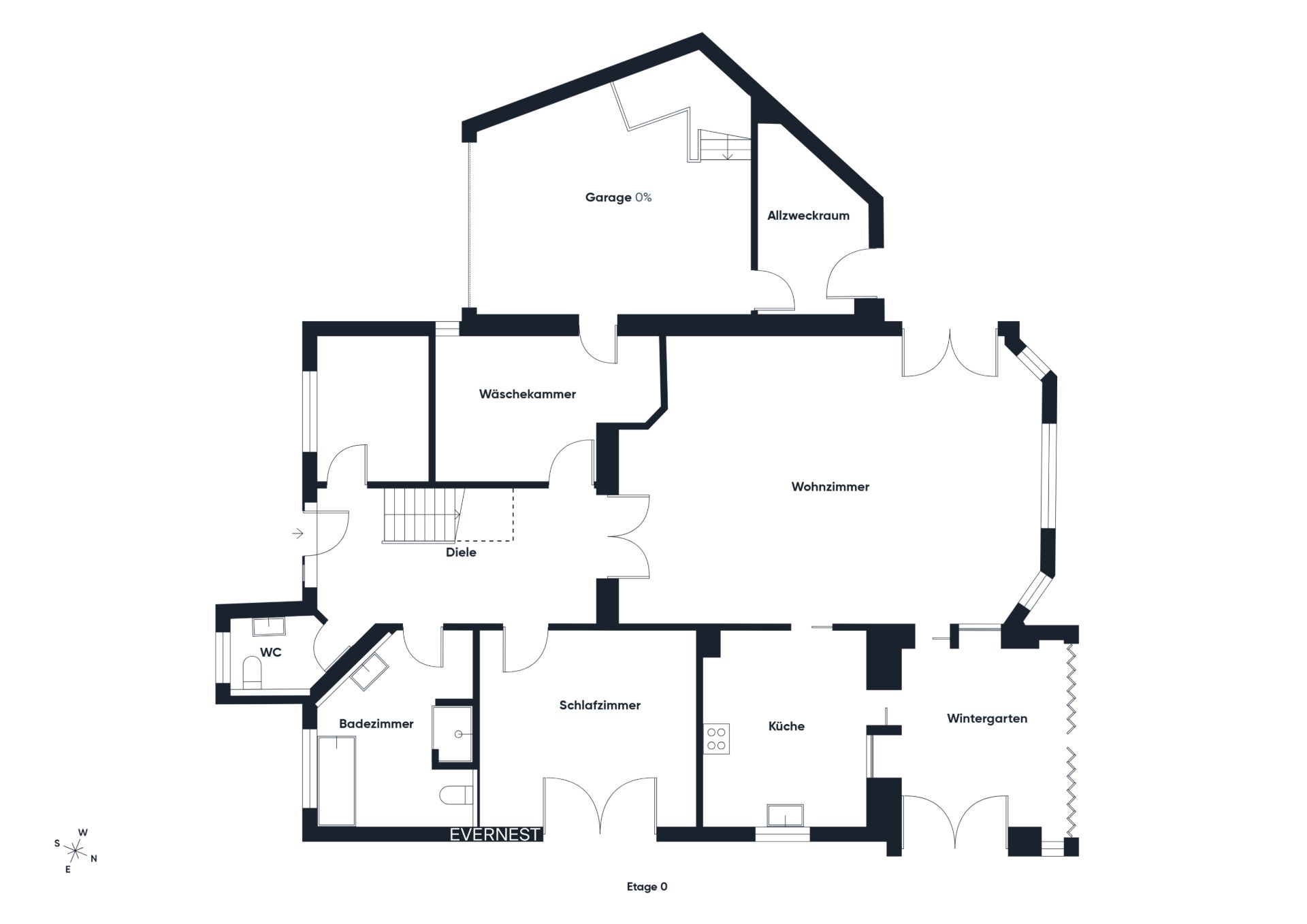 Grundriss mit Wohnzimmer, Küche, Schlafzimmer, Bad, WC, Wintergarten, Waschküche, Garage und Allzweckraum.