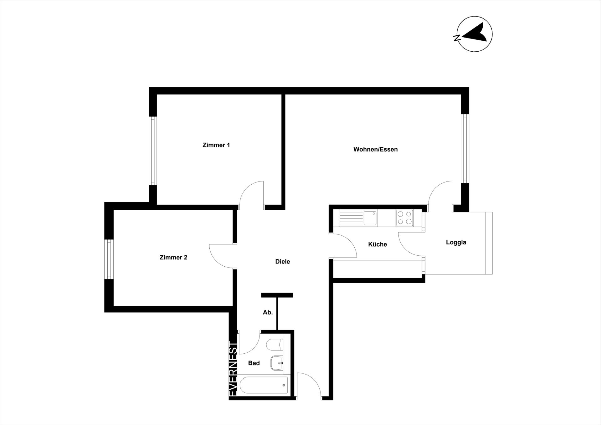 Grundriss einer Wohnung mit zwei Zimmern, Wohnzimmer, Küche, Bad, Abstellraum und Loggia.