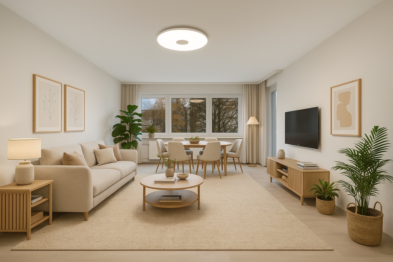 Helles Wohnzimmer mit Sofa, Couchtisch, Esstisch, TV und großen Fenstern.