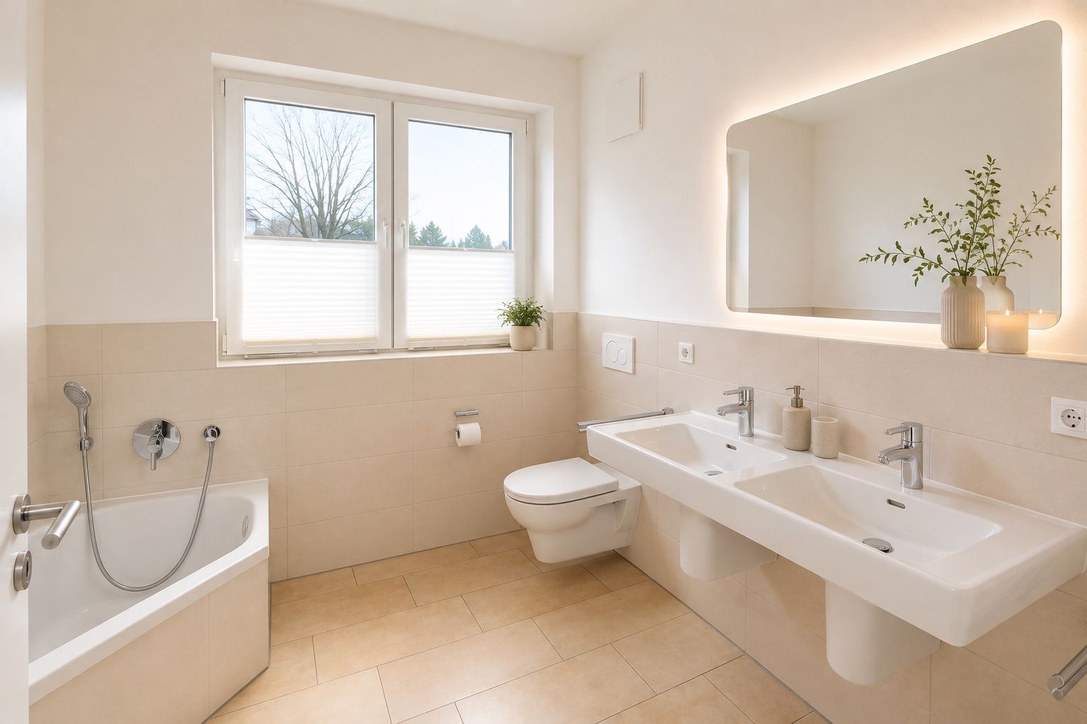Helles Badezimmer mit Badewanne, Doppelwaschbecken, WC und großem Fenster.