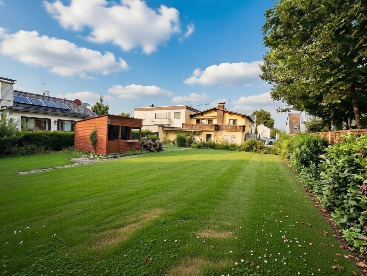 Großer gepflegter Garten mit Rasen, Holzhaus und Wohnhäusern im Hintergrund.