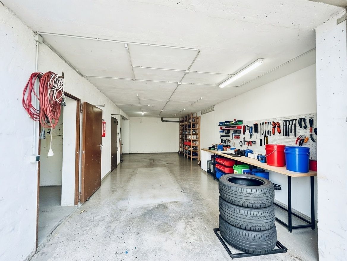 Helle Garage mit Werkbank, Werkzeugwand, Reifen, Regalen und Tür zu Nebenraum.