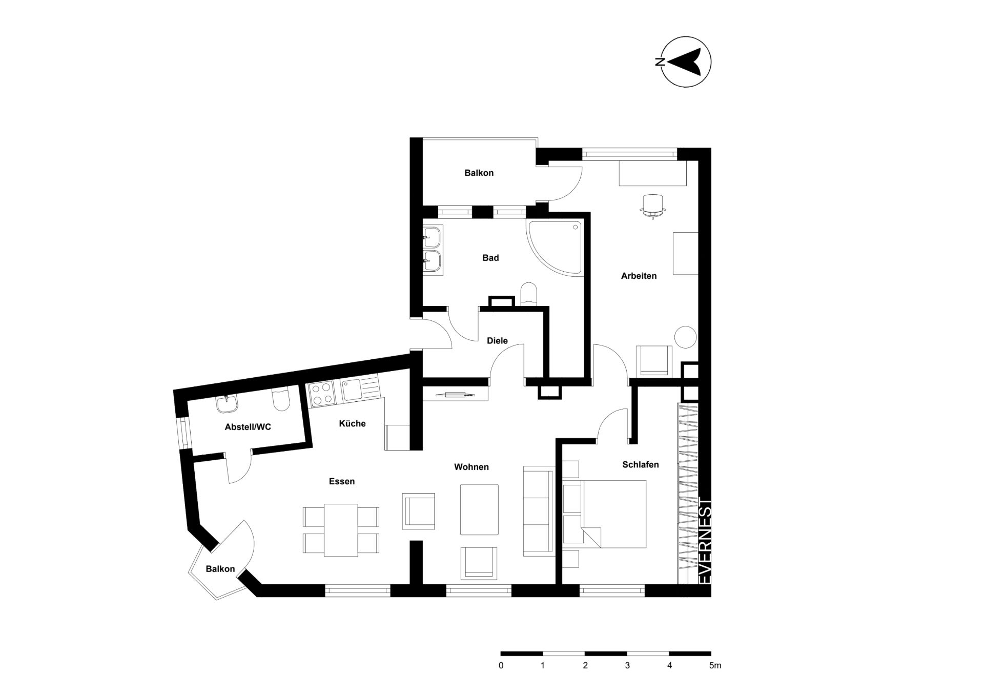 Grundriss einer Wohnung mit Balkon, Küche, Bad, Wohn-, Schlaf- und Arbeitszimmer.