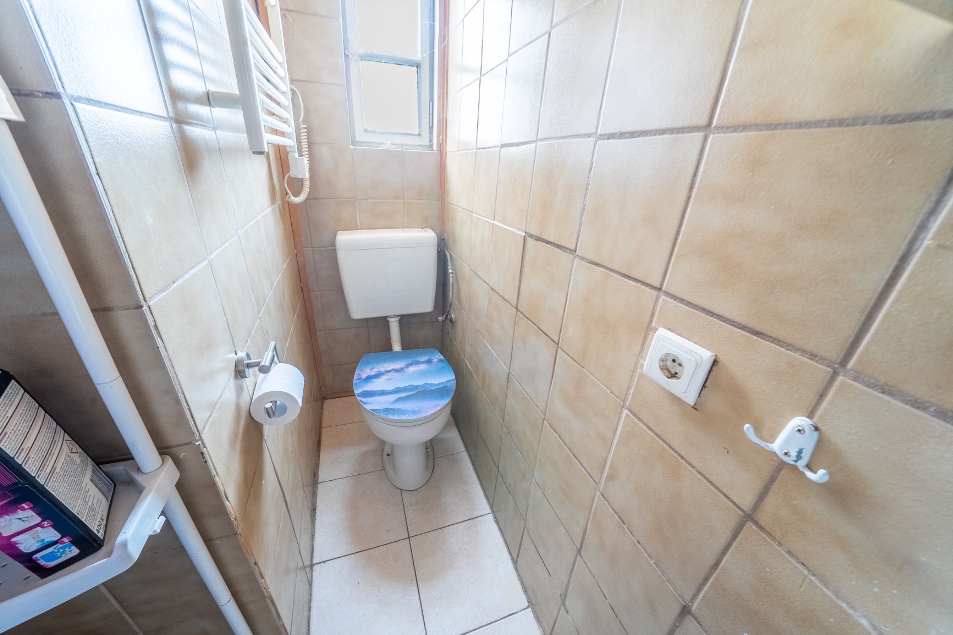 Schmales Badezimmer mit WC, kleinem Fenster, Toilettenpapierhalter und Haken an der Wand.