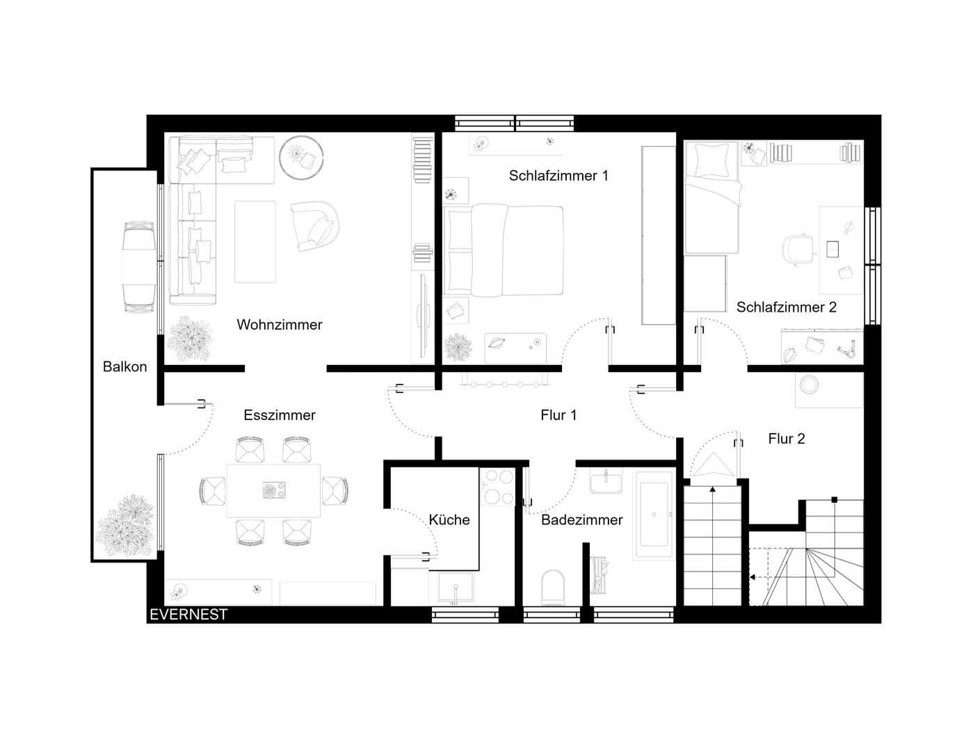 Grundriss einer Wohnung mit Wohnzimmer, Esszimmer, Küche, zwei Schlafzimmern, Bad und Balkon.