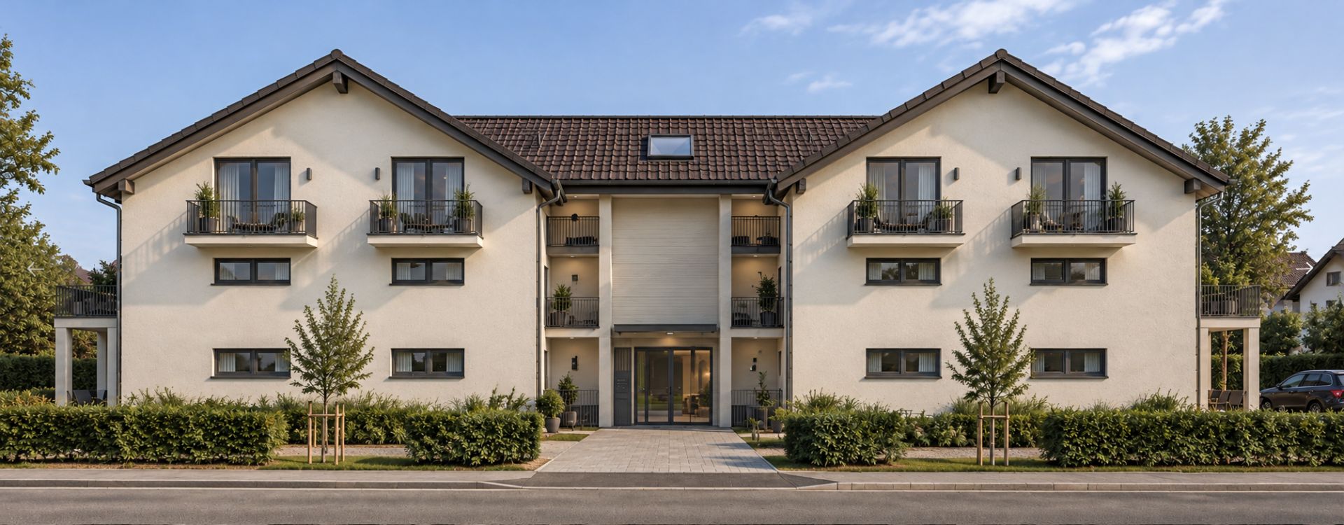 Modernes, zweistöckiges Wohnhaus mit kleinen Balkonen und gepflegtem Vorgarten.