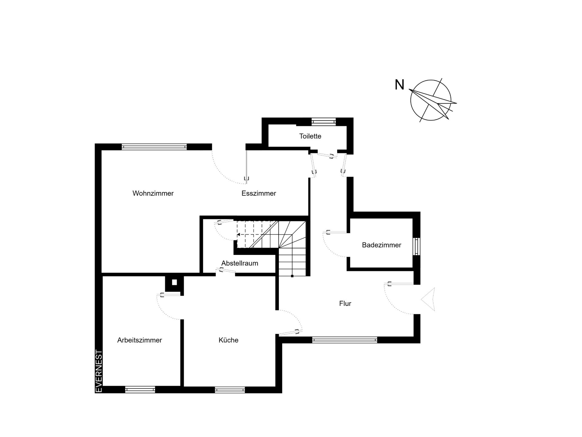 Grundriss mit Wohnzimmer, Esszimmer, Küche, Arbeitszimmer, Bad, Flur, WC und Abstellraum.