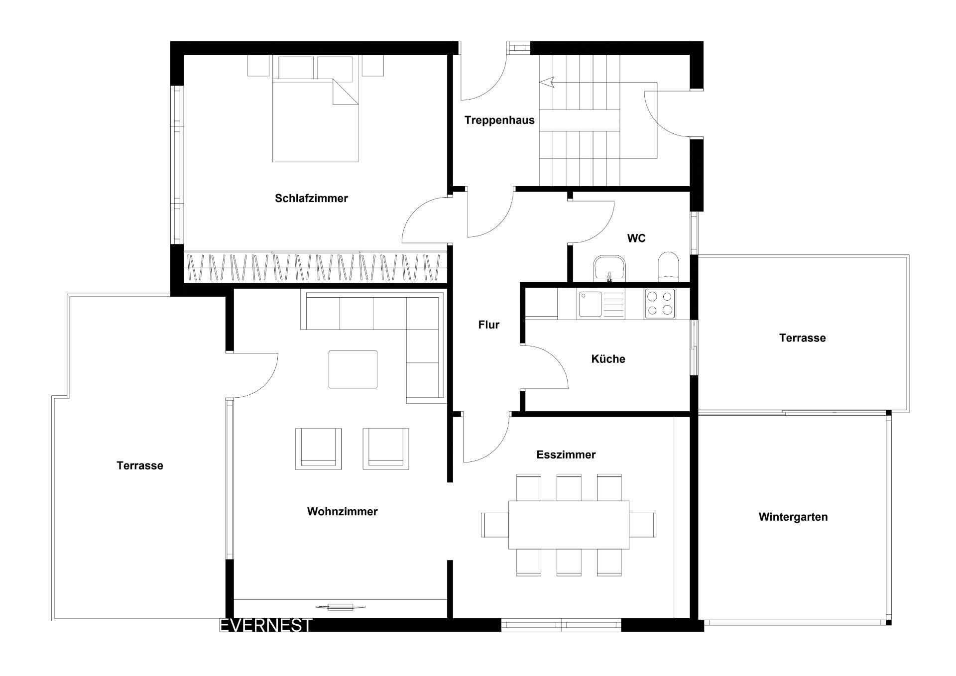 Grundriss einer Wohnung mit Schlafzimmer, Wohnzimmer, Küche, Esszimmer, Wintergarten und zwei Terrassen.