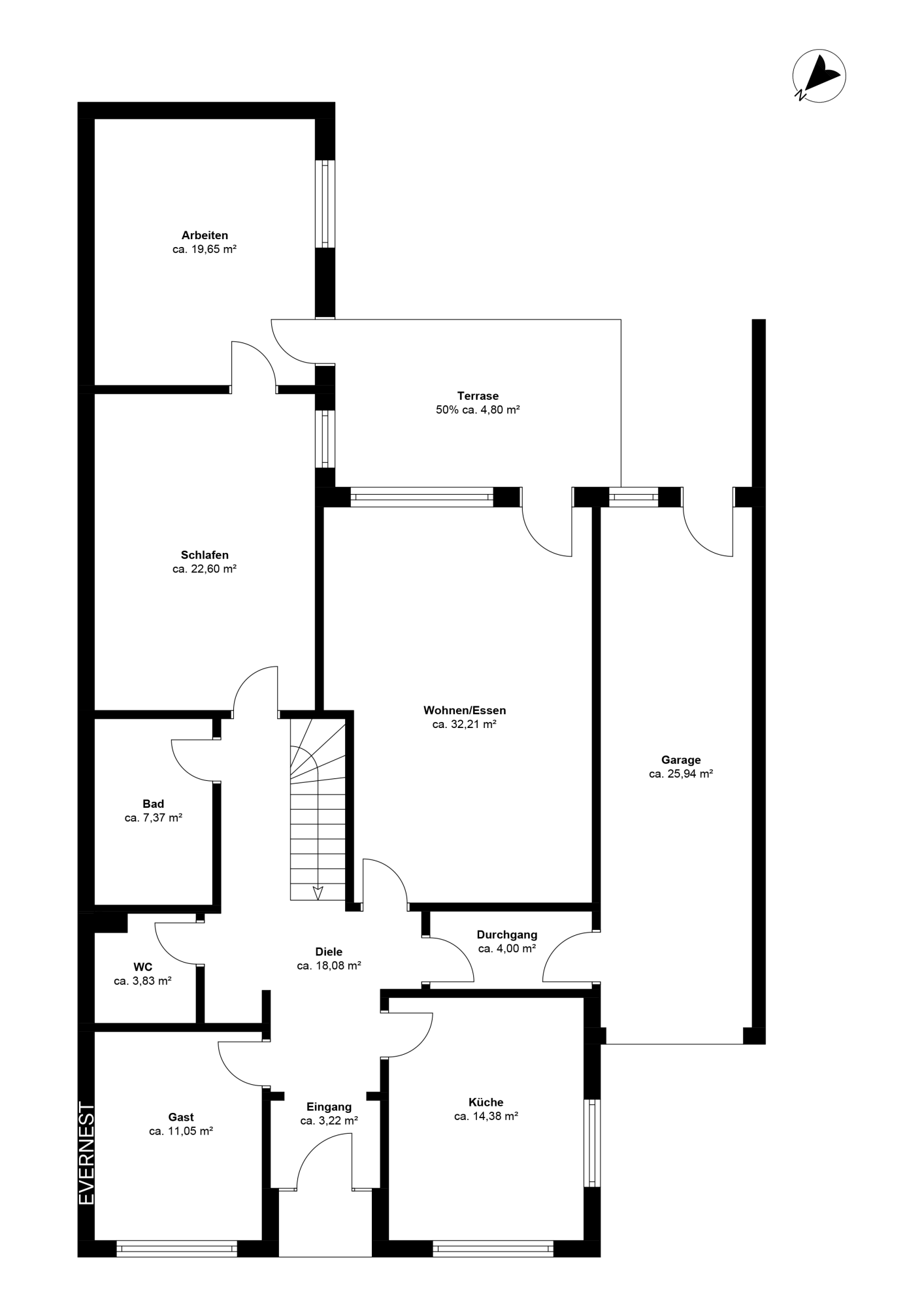 Grundriss eines Hauses mit Räumen wie Arbeiten, Schlafen, Bad, Küche, Garage und Terrasse.