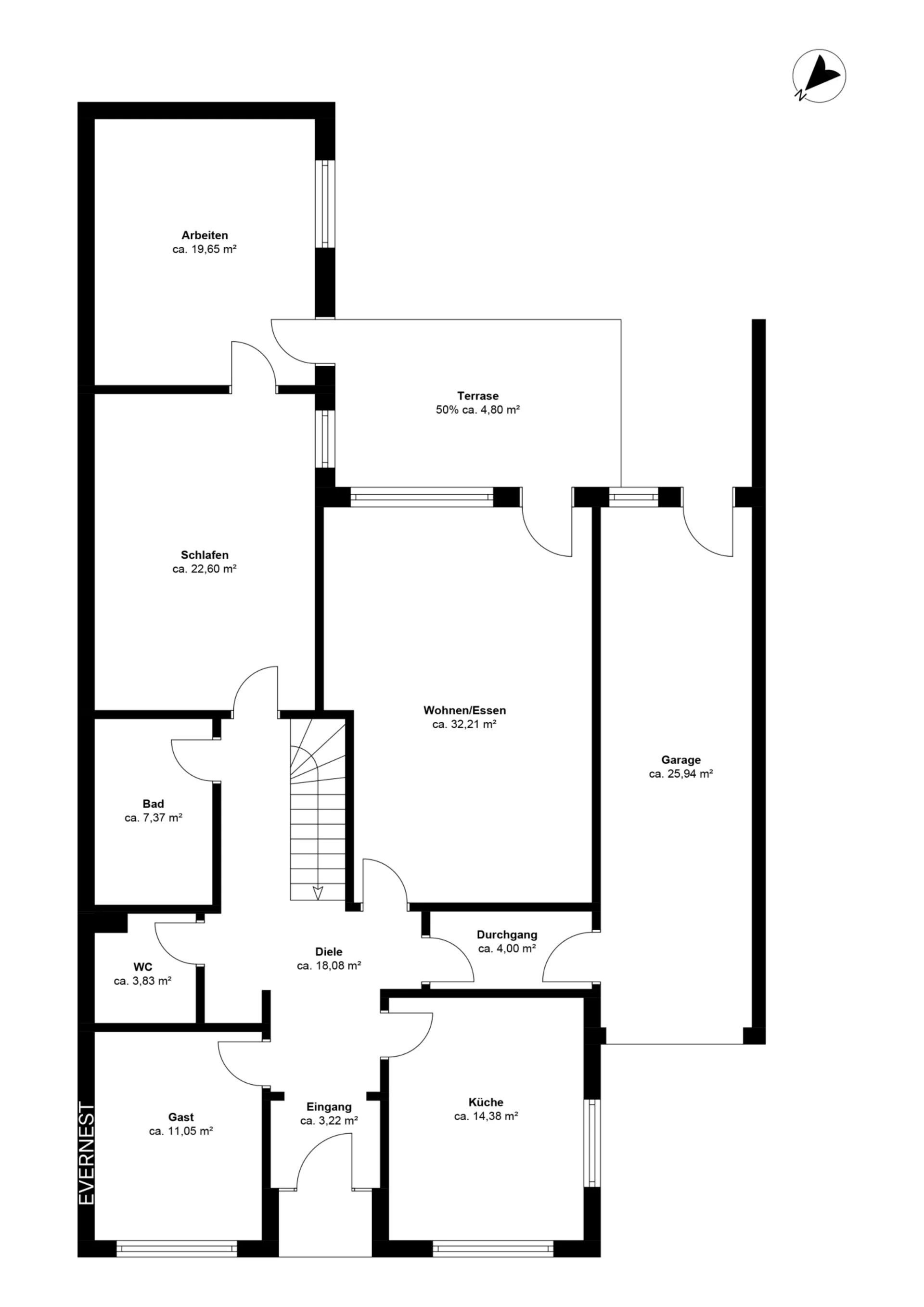Grundriss eines Hauses mit Räumen wie Arbeiten, Schlafen, Bad, Küche, Garage und Terrasse.