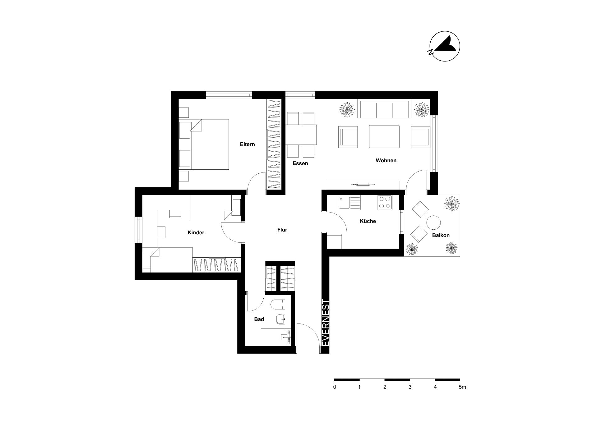 Grundriss einer Wohnung mit Schlafzimmer, Kinderzimmer, Wohnzimmer, Küche, Bad und Balkon.