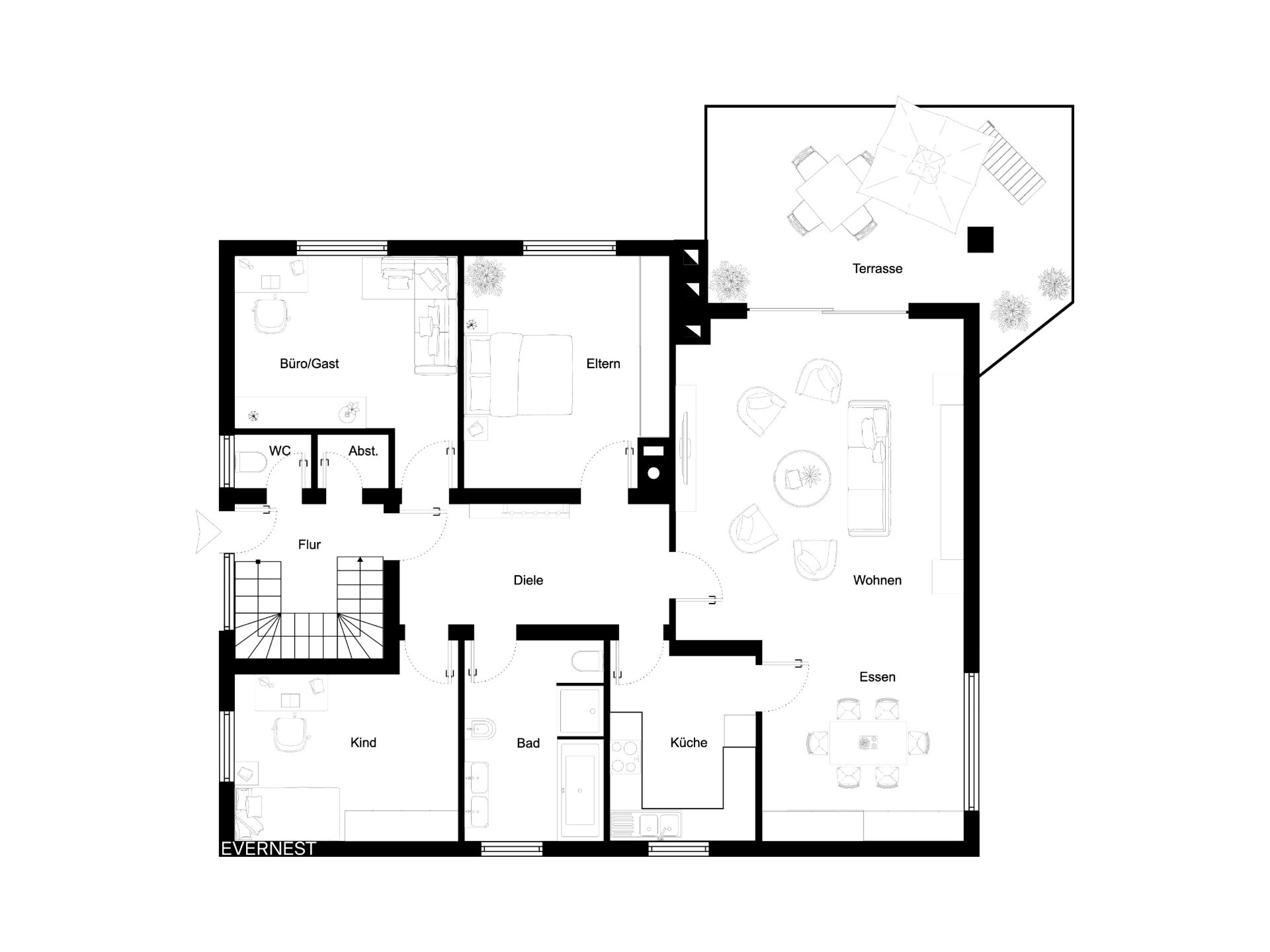 Grundriss einer Wohnung mit Wohnzimmer, Küche, Bad, Schlafzimmer, Gästezimmer und Terrasse.
