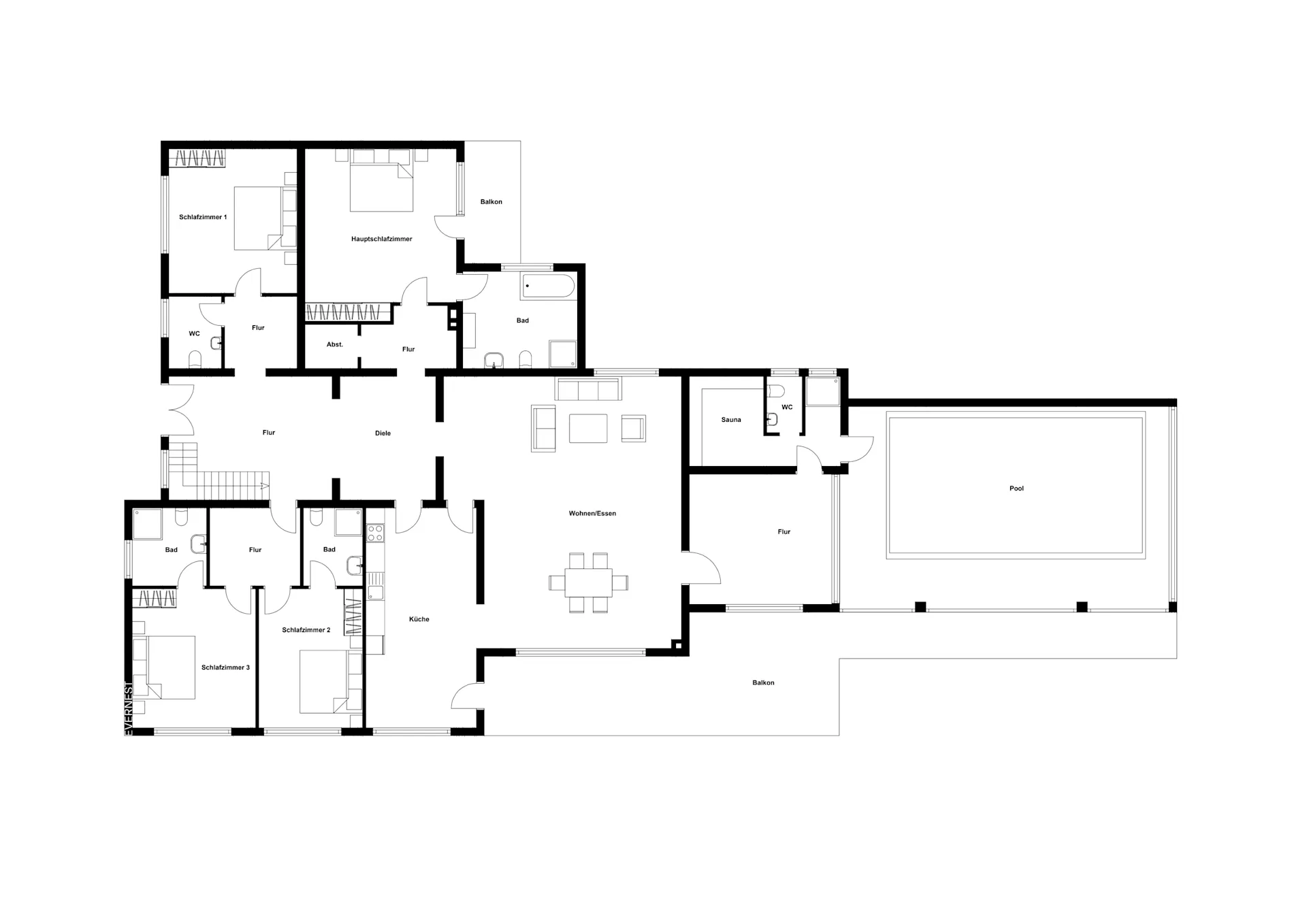 Grundriss eines Hauses mit Schlafzimmern, Bädern, Küche, Wohnbereich, Sauna und Pool.