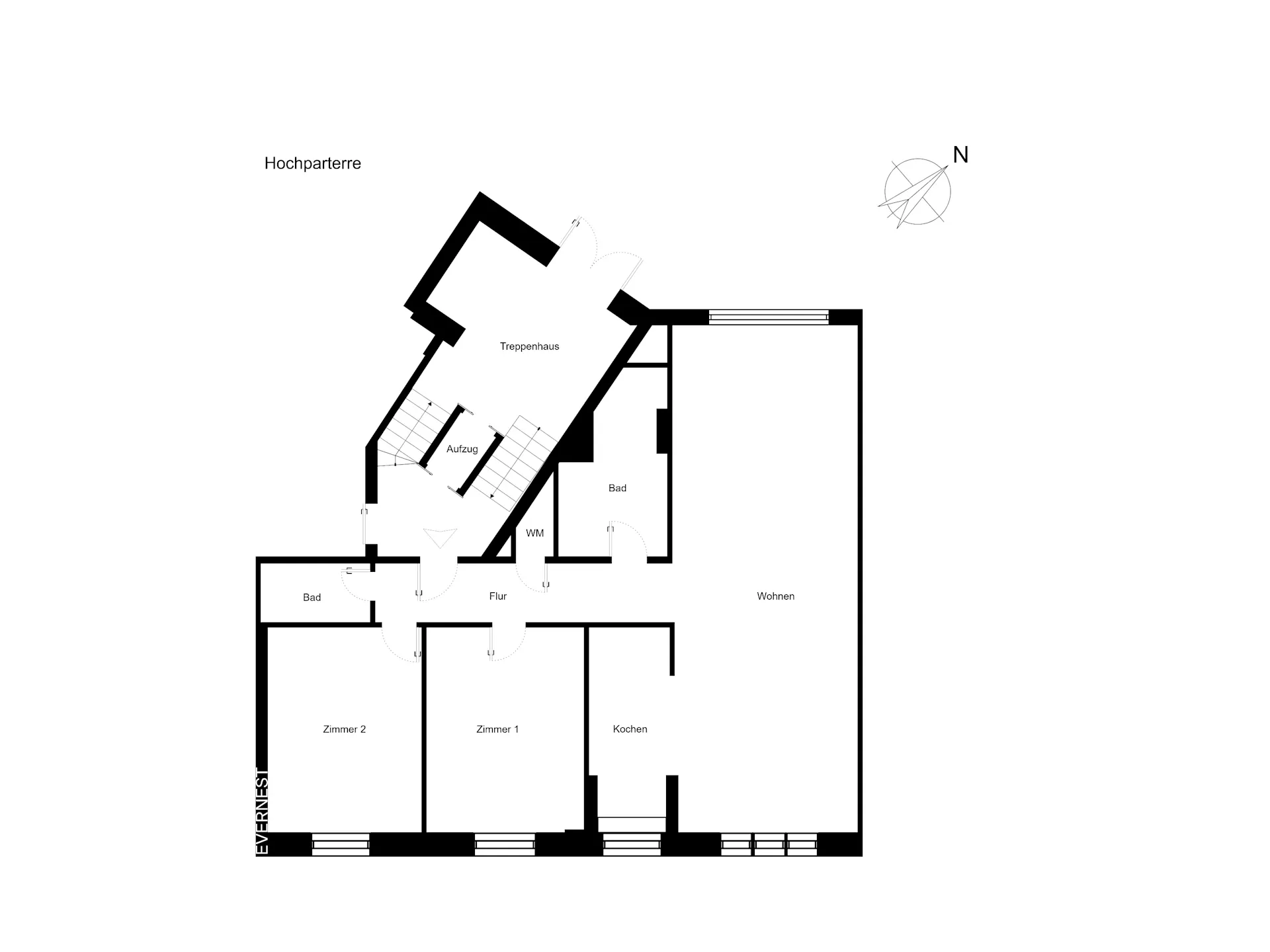 Grundriss einer Wohnung mit zwei Zimmern, Küche, zwei Bädern und einem Wohnbereich.