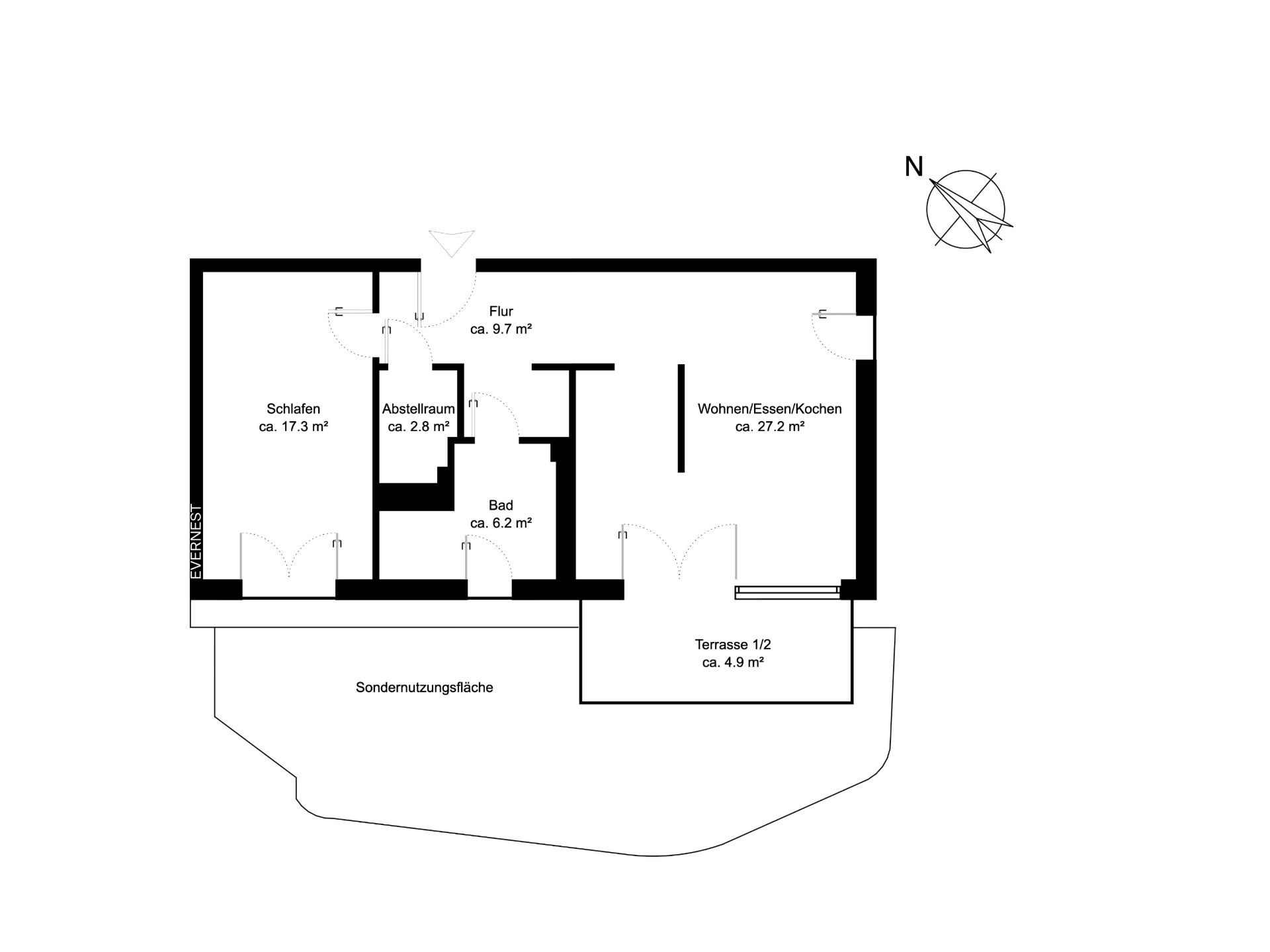 Grundriss einer Wohnung mit Schlafzimmer, Bad, Abstellraum, Flur, Wohnbereich und Terrasse.