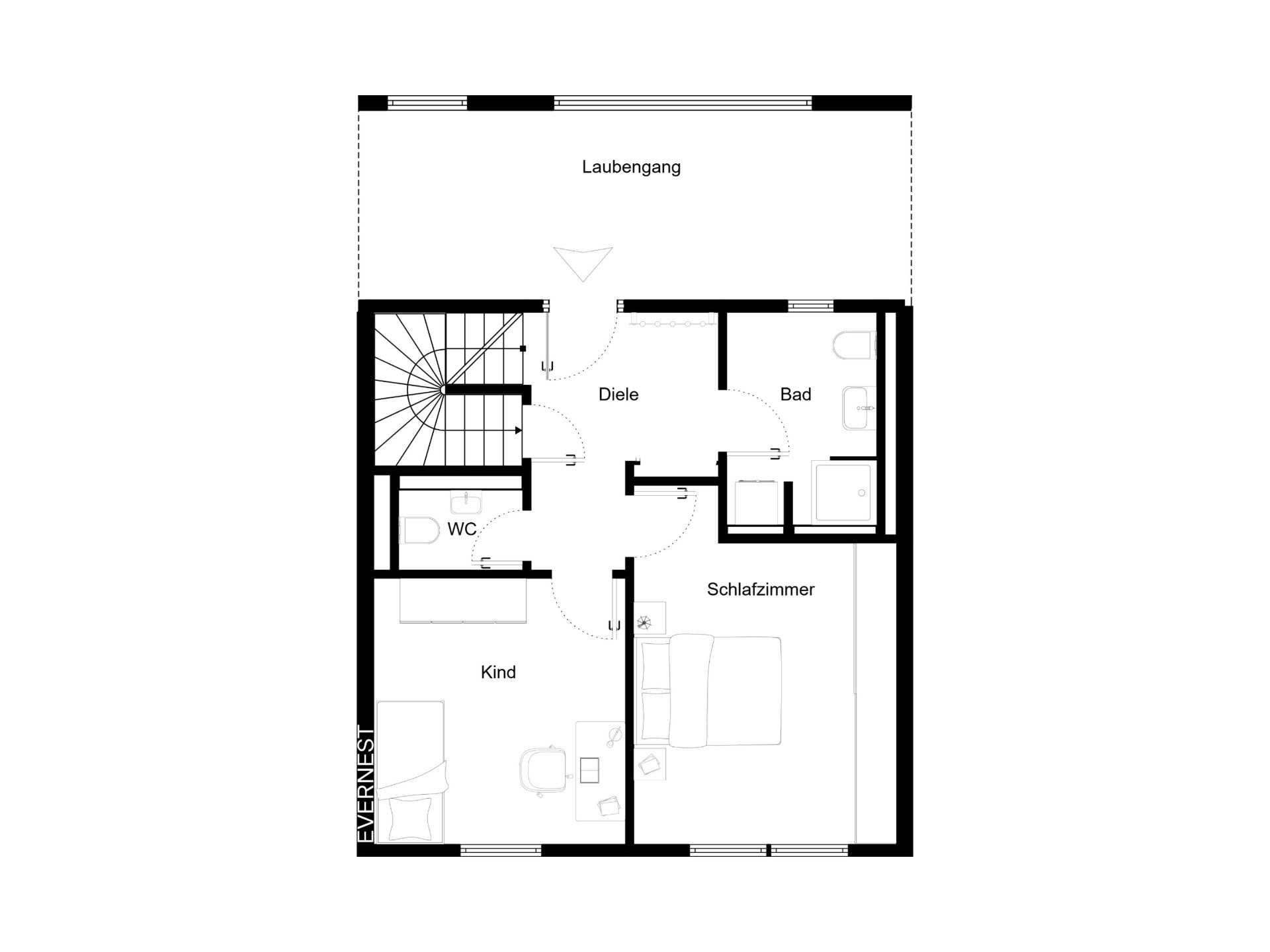 Grundriss mit Schlafzimmer, Kinderzimmer, Bad, WC und Diele.