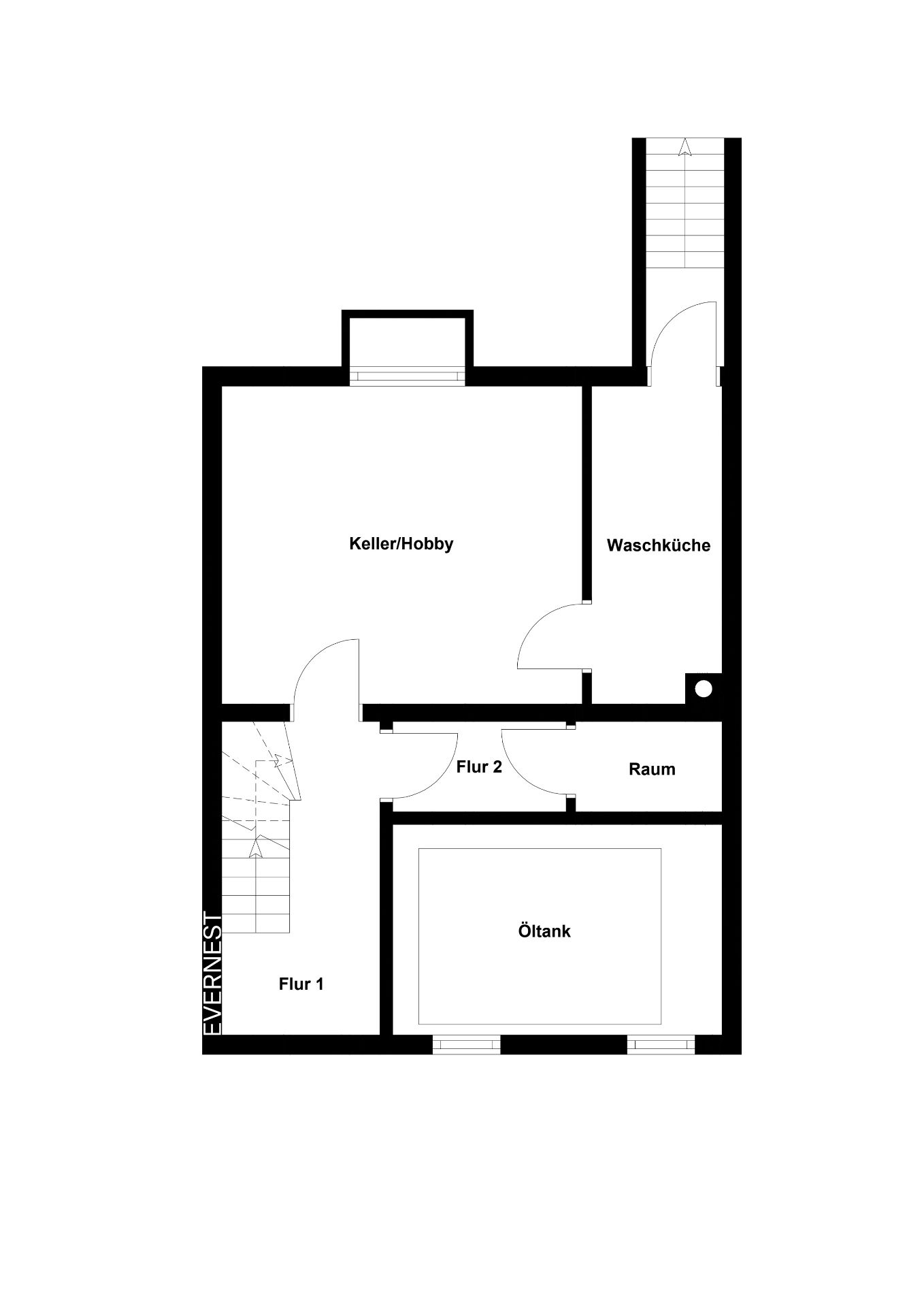 Grundriss eines Kellers mit Räumen: Keller/Hobby, Waschküche, Raum, Öltank und Fluren.