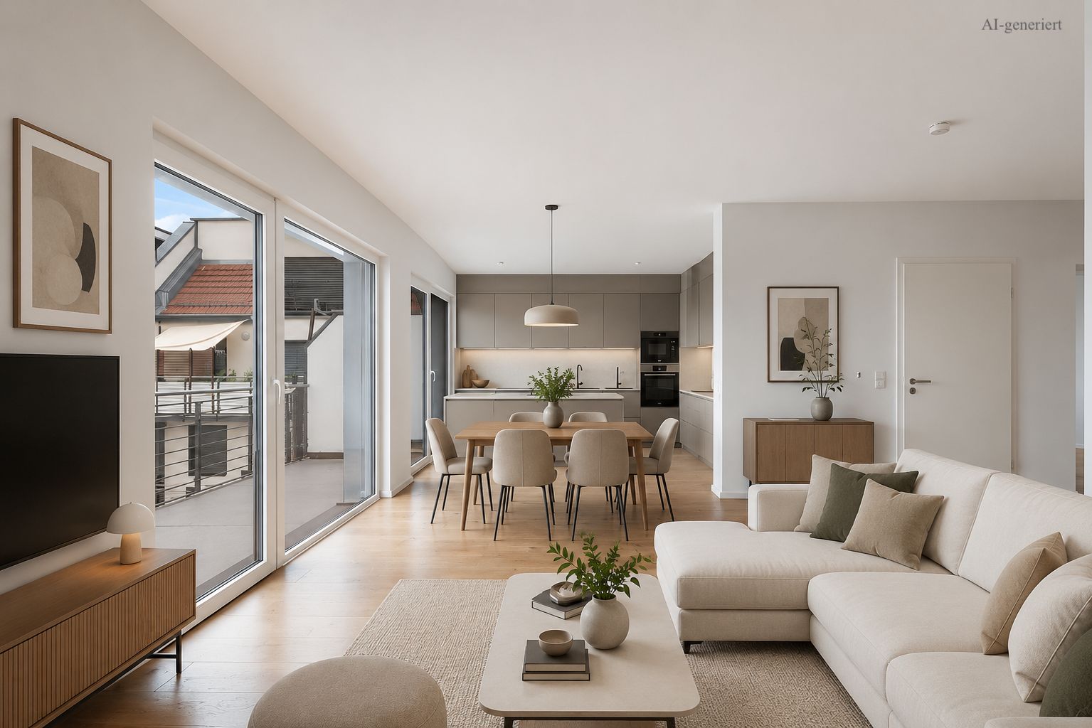 Modernes Wohnzimmer mit großer Couch, Esstisch, offener Küche und Zugang zum Balkon.