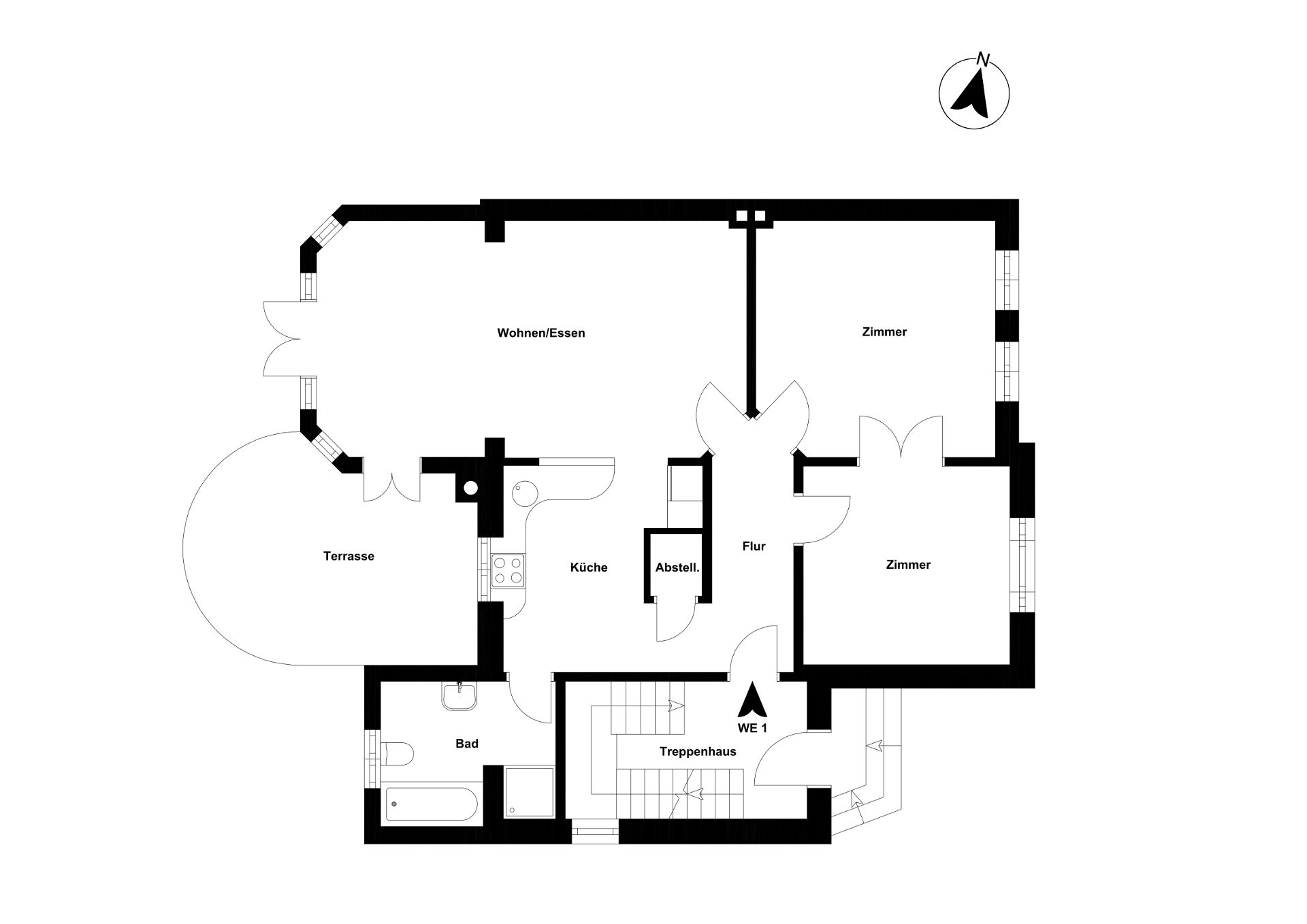 Grundriss einer Wohnung mit Terrasse, Wohnzimmer, Küche, Bad und mehreren Zimmern.