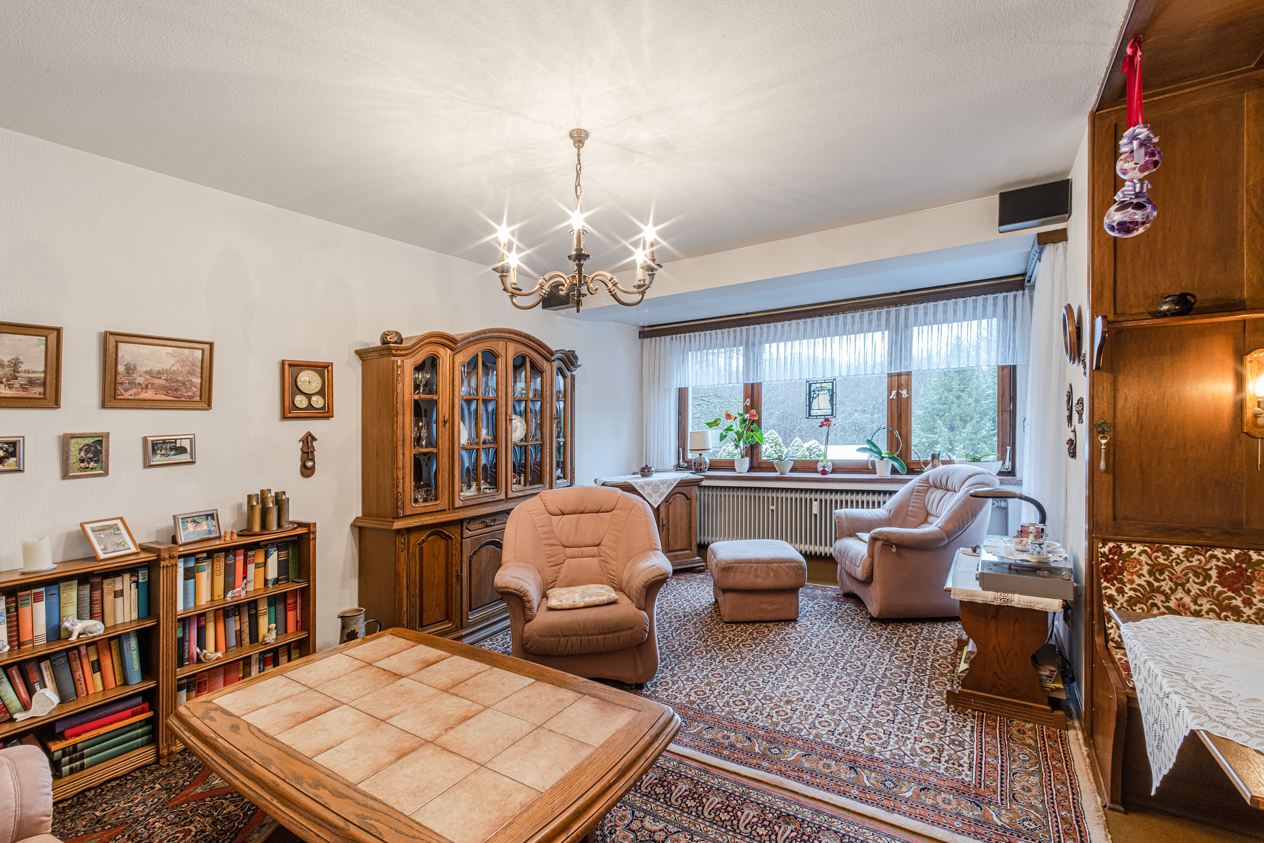 Gemütliches Wohnzimmer mit Teppich, Polstermöbeln, Holzschrank, Bücherregal und großen Fenstern mit Pflanzen.
