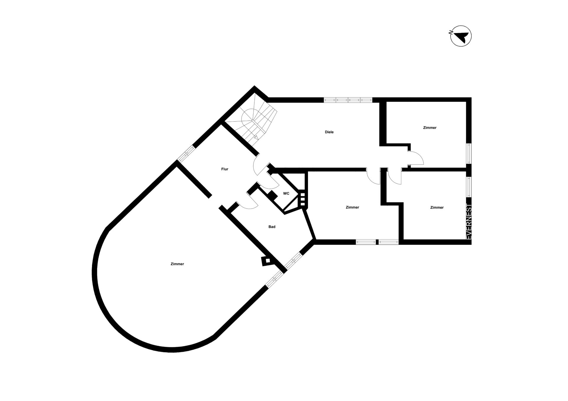Grundriss eines Hauses mit mehreren Zimmern, Bad, WC, Flur und Diele.
