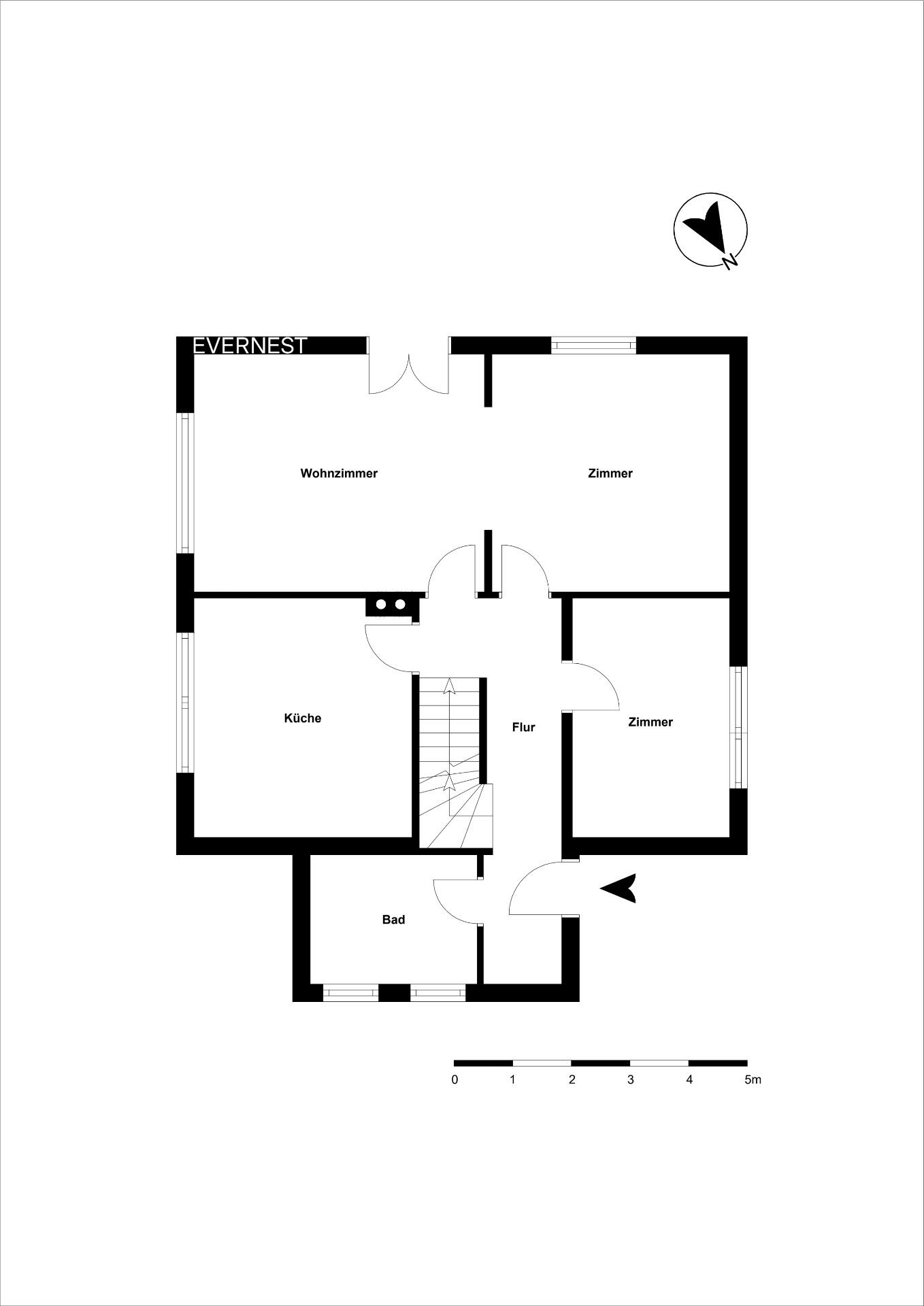 Grundriss mit Wohnzimmer, Küche, Flur, Bad und zwei weiteren Zimmern.