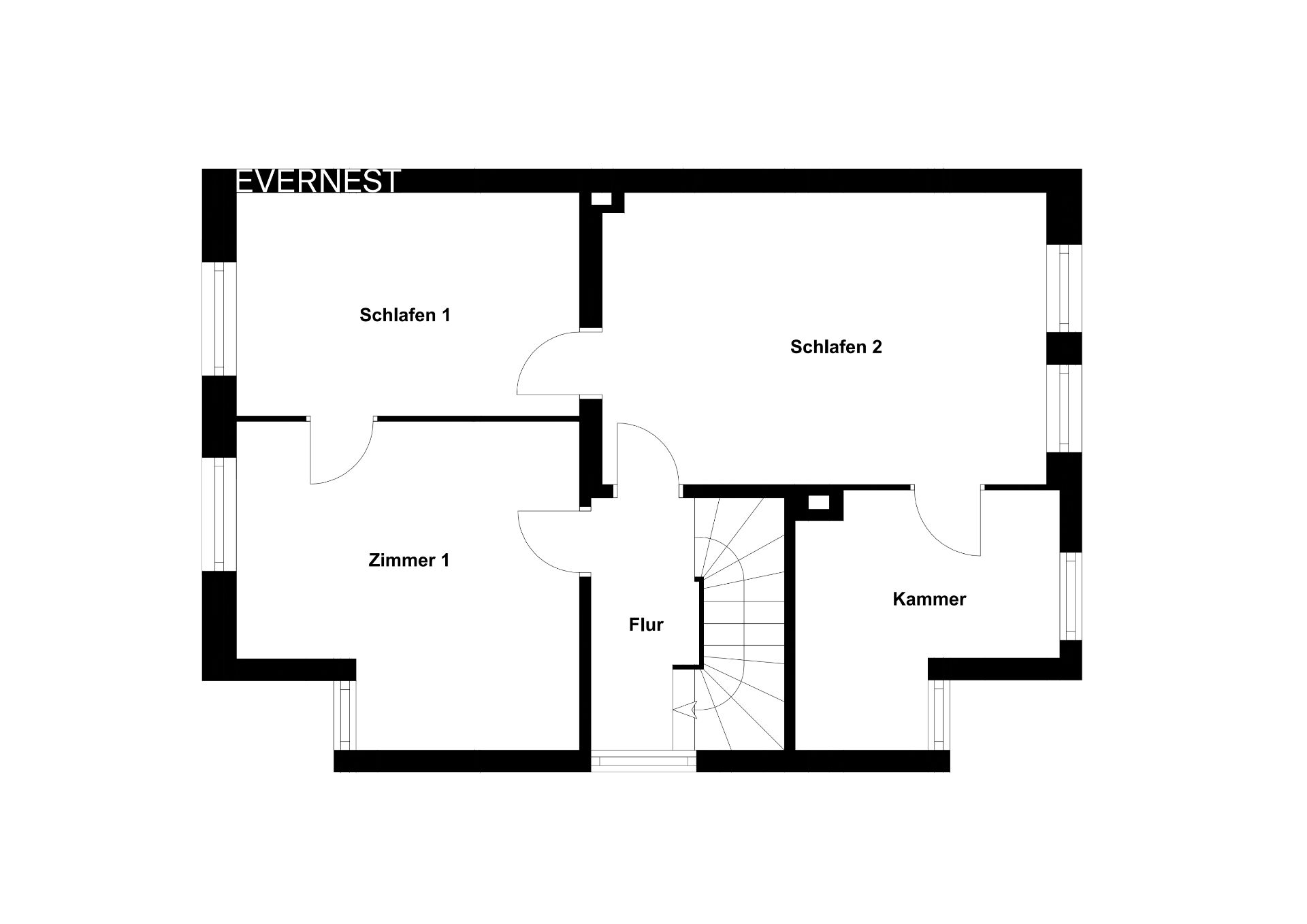 Grundriss mit zwei Schlafzimmern, einem Zimmer, einer Kammer und einem Flur.