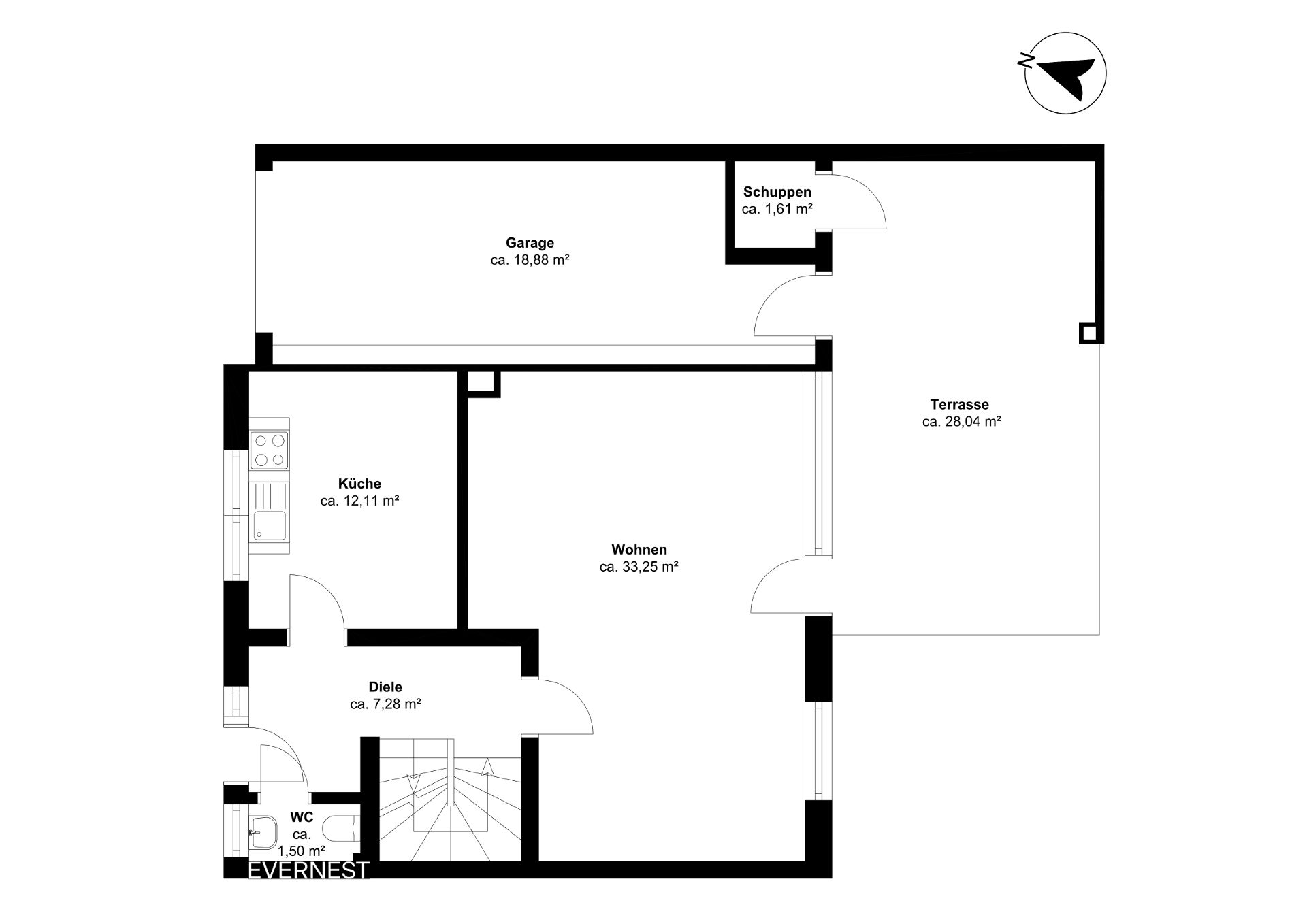 Grundriss mit Küche, Wohnzimmer, Diele, WC, Garage, Schuppen und Terrasse.