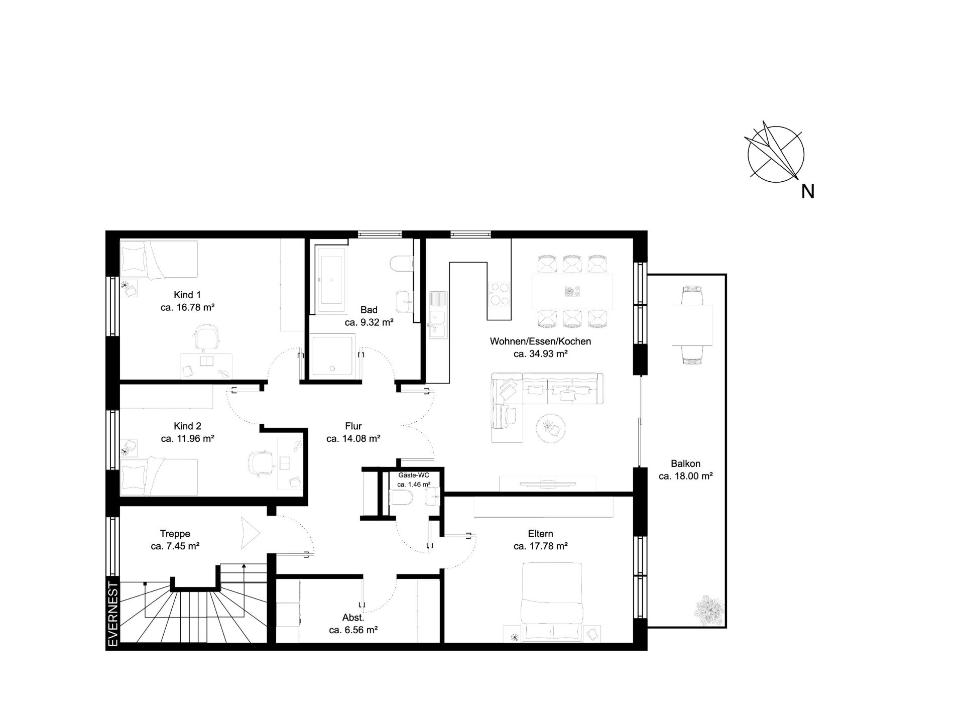 Grundriss einer Wohnung mit zwei Kinderzimmern, Elternschlafzimmer, Bad, Küche, Flur und Balkon.