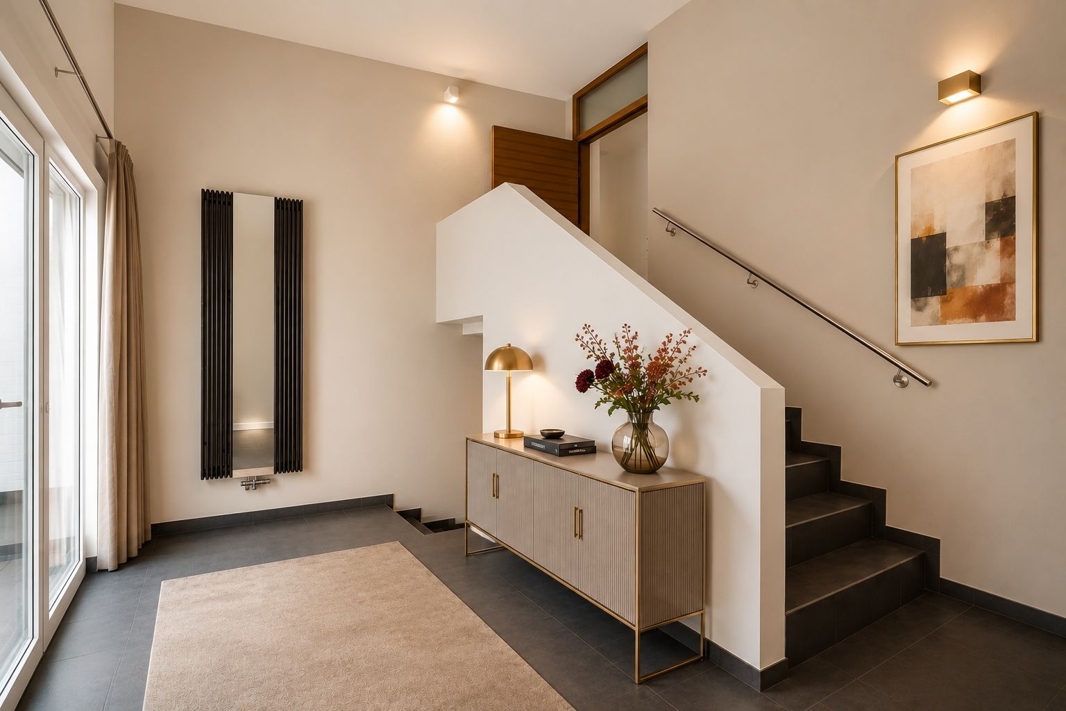 Heller Flur mit Teppich, Sideboard, Treppe und modernen Dekorationen.