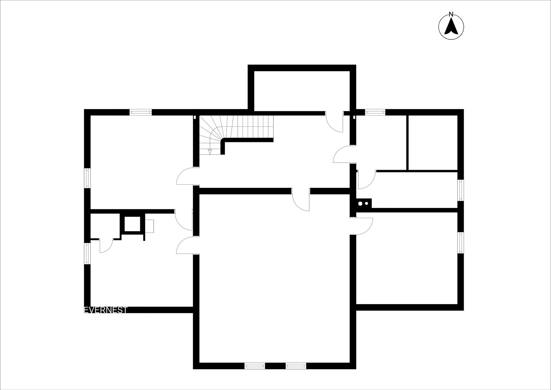 Schwarz-weißer Grundriss eines Wohnhauses mit mehreren Zimmern und Türen.