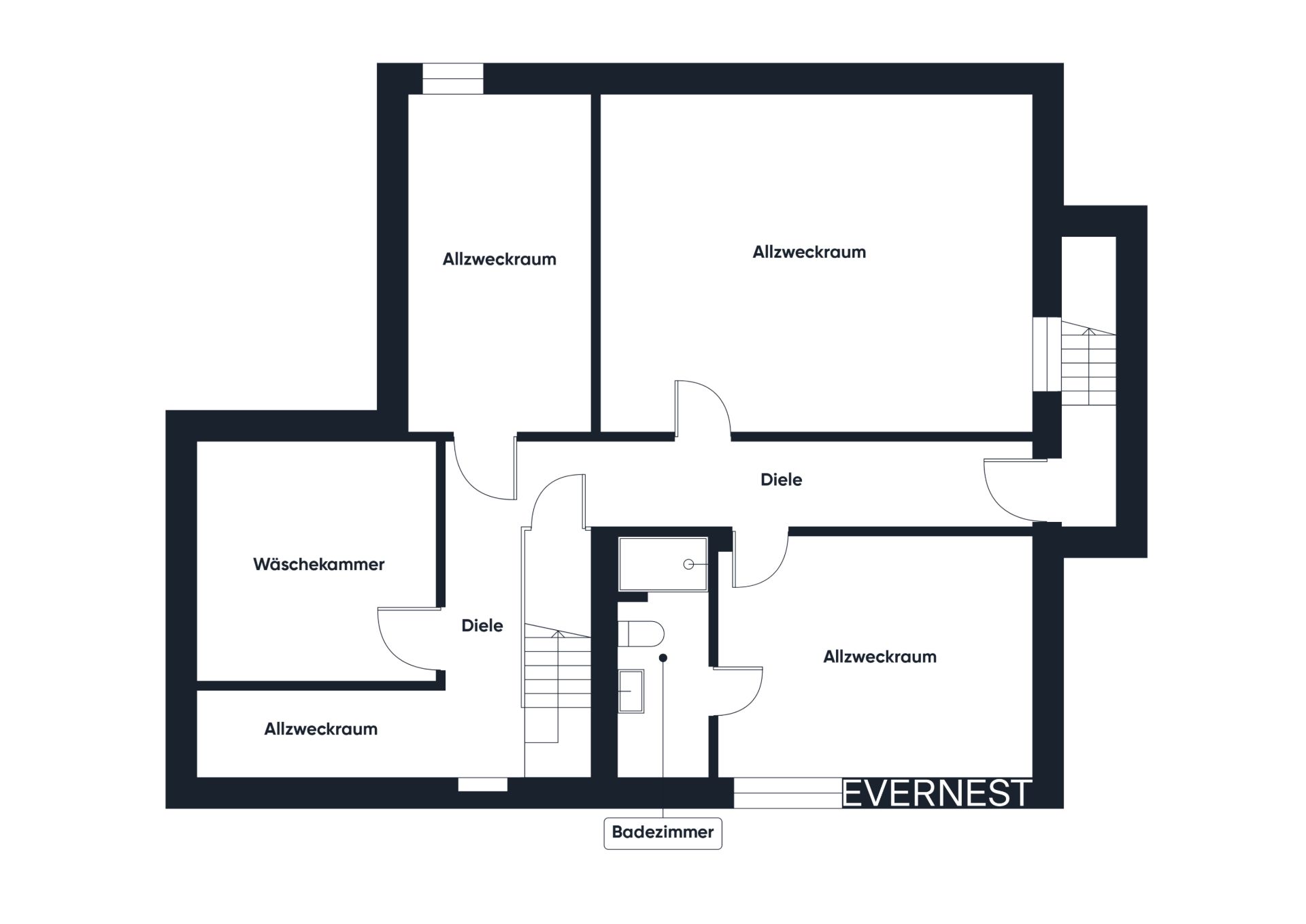 Grundriss mit mehreren Allzweckräumen, einer Waschküche, Bad und Fluren.
