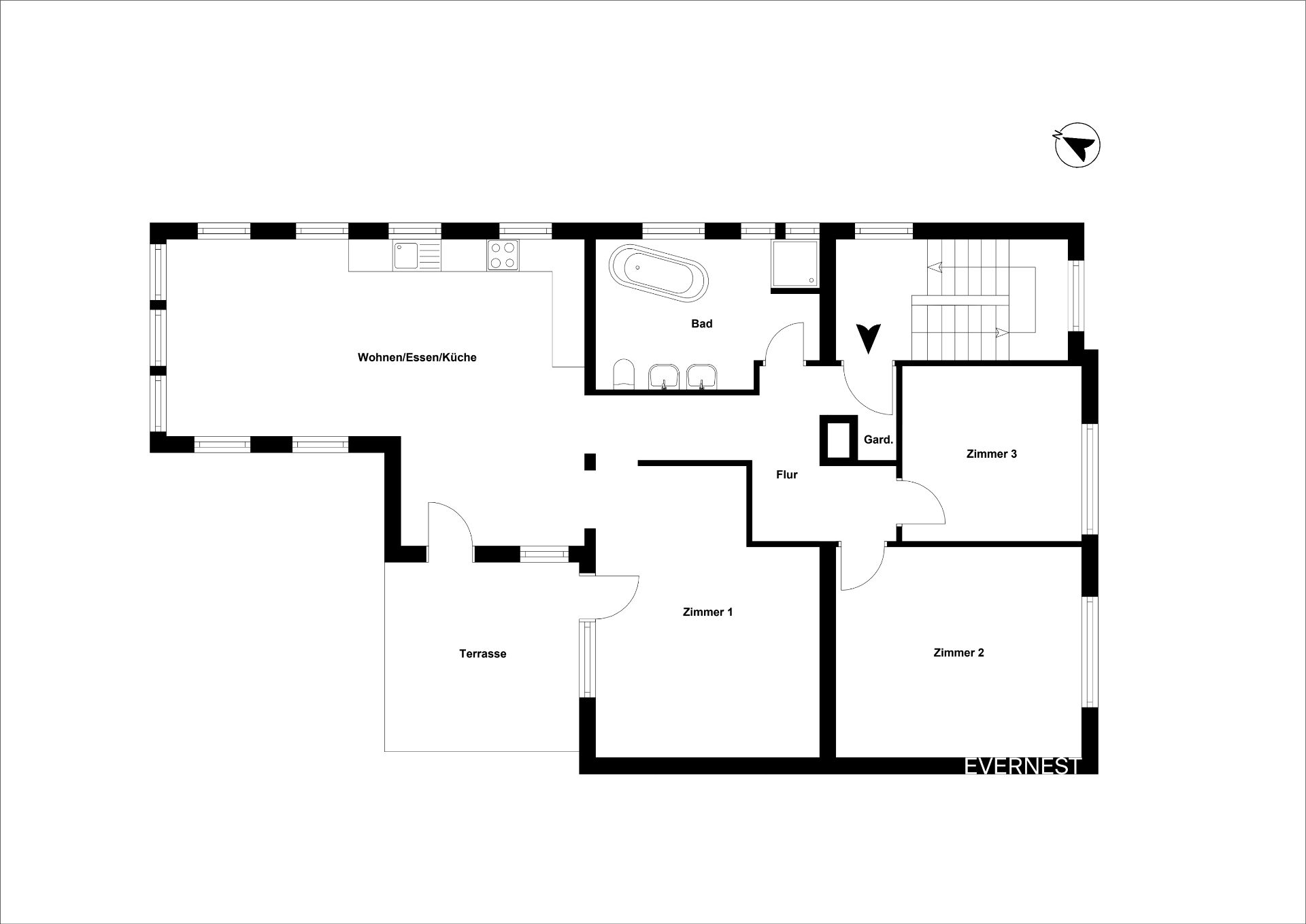 Grundriss mit Wohnzimmer, Küche, Bad, drei Zimmern, Flur, Garderobe und Terrasse.