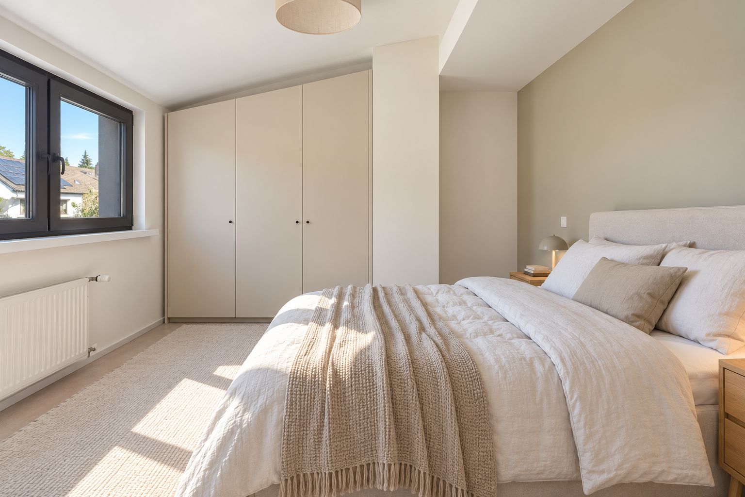 Helles Schlafzimmer mit Doppelbett, großem Schrank und Fenstern auf der linken Seite.