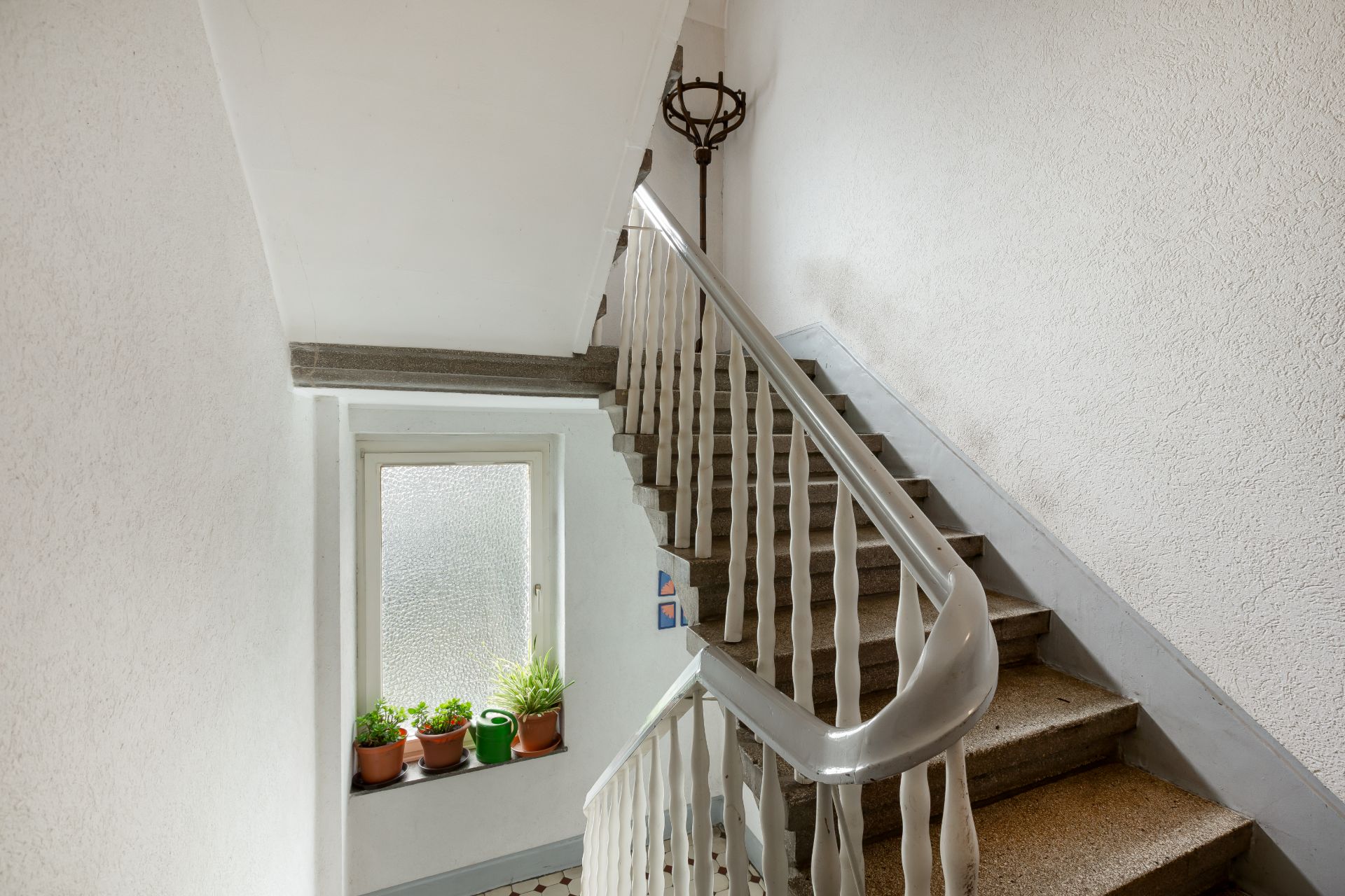 Treppenhaus mit Handlauf, Fenster und mehreren Blumentöpfen auf der Fensterbank.