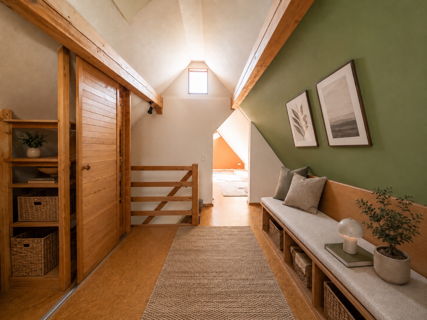 Gemütlicher Flur mit Holzbank, Kissen, Grünpflanzen und Bildern an der grünen Wand.