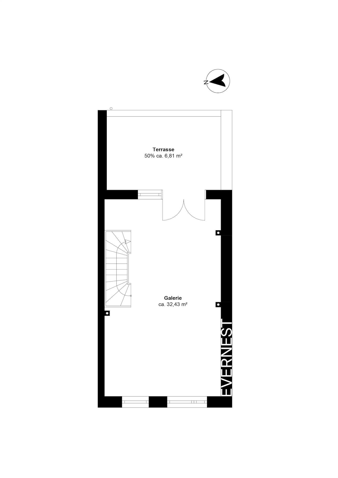Grundriss mit Galerie, Terrasse und Treppe, Flächenangaben in Quadratmetern.