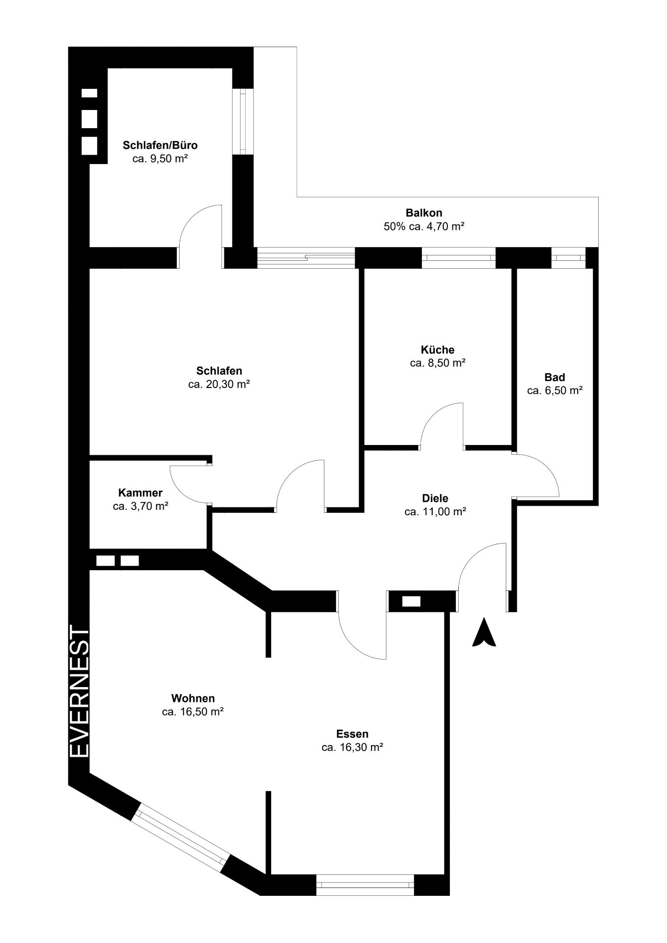 Grundriss einer Wohnung mit Schlafzimmer, Büro, Küche, Bad, Wohnzimmer, Esszimmer, Diele und Balkon.