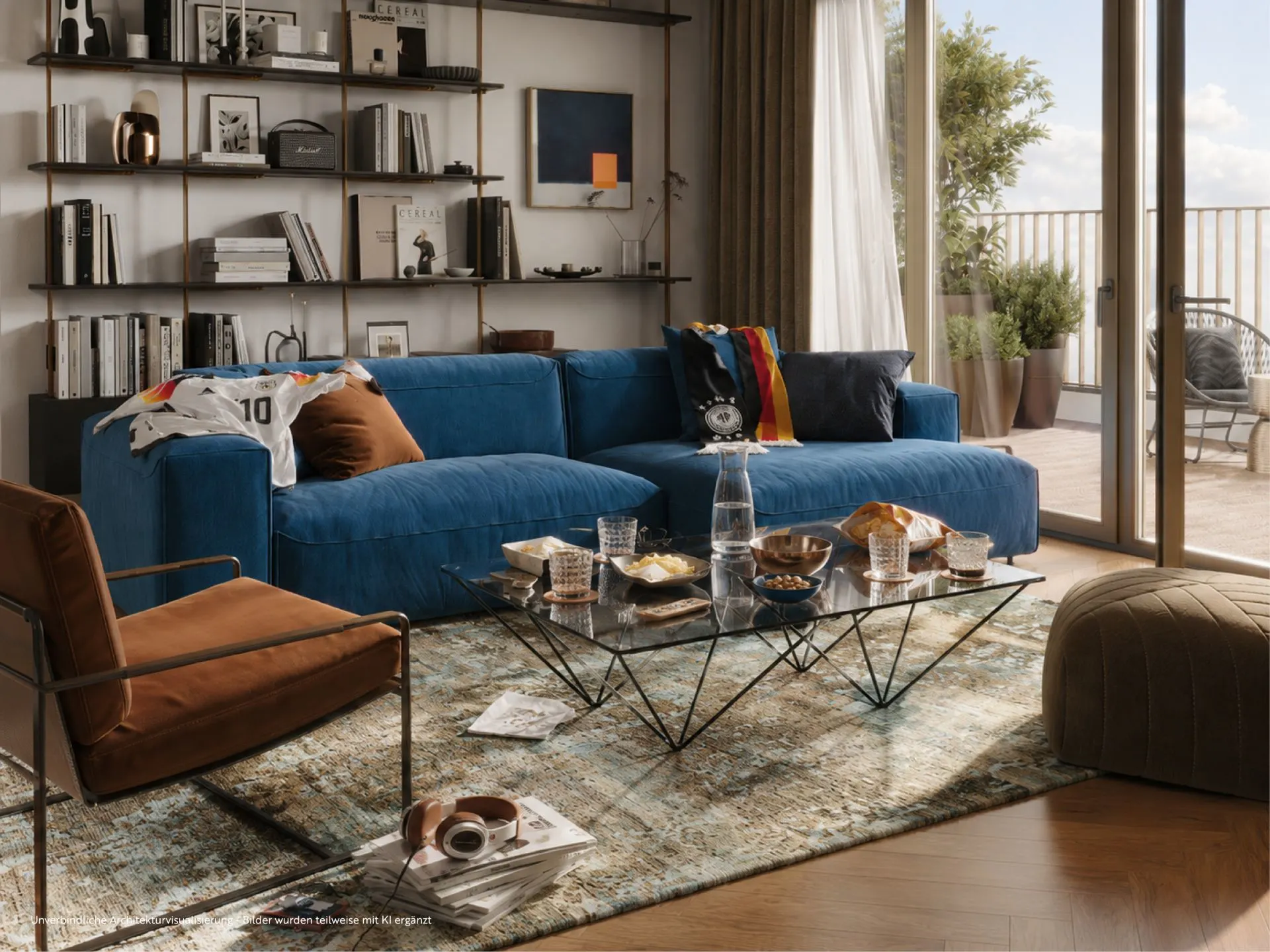 Wohnzimmer mit blauem Sofa, braunem Sessel, Glastisch und großem Bücherregal, Balkon im Hintergrund.