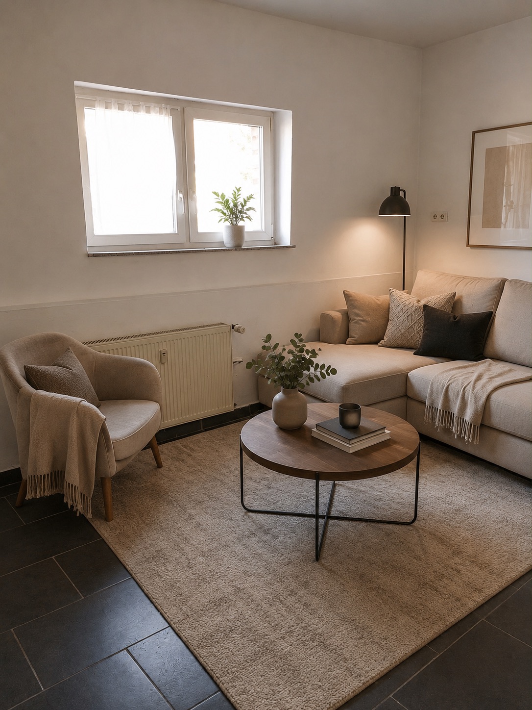 Helles Wohnzimmer mit Sofa, Sessel, Teppich, rundem Holztisch und Pflanze am Fenster.