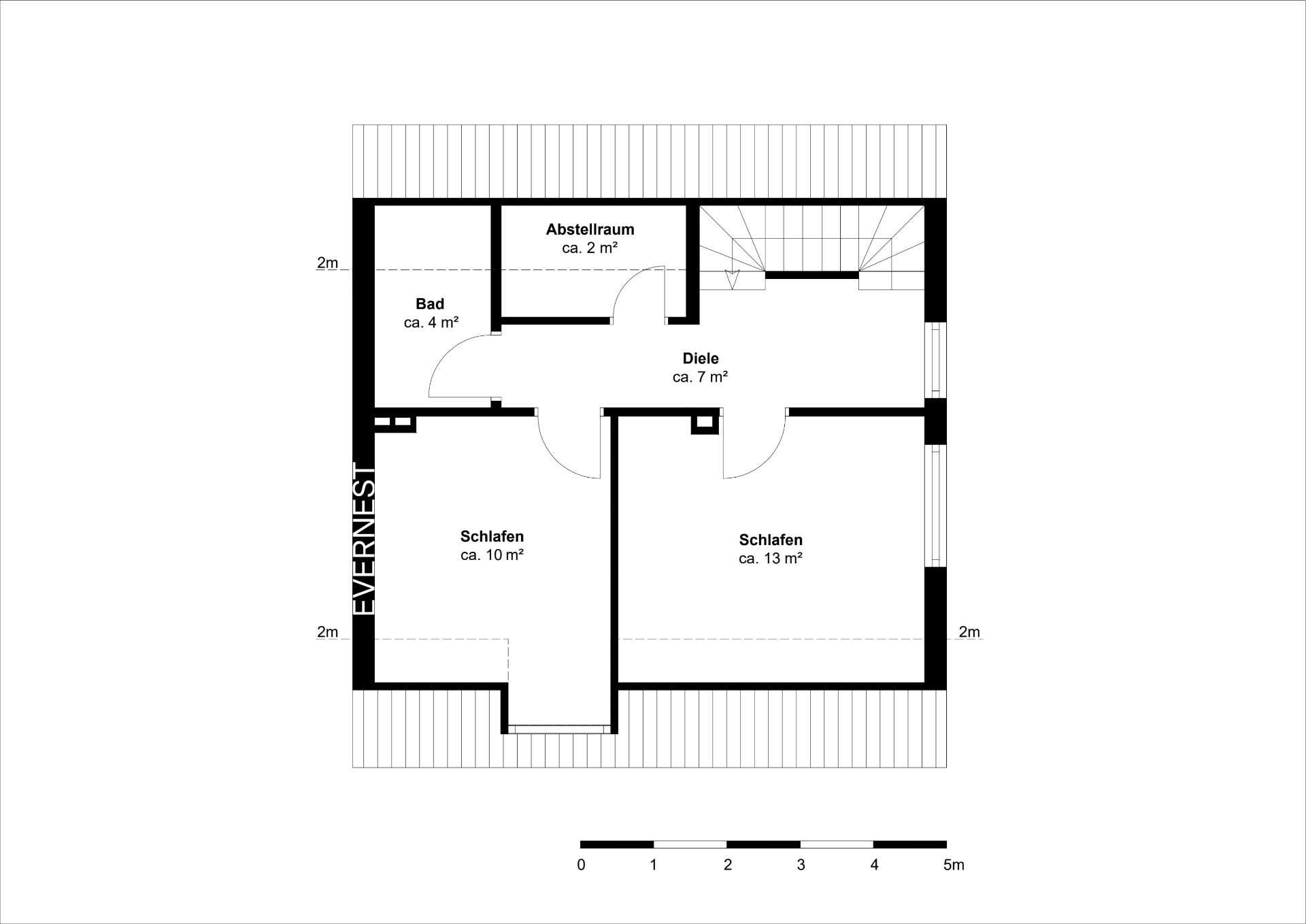 Grundriss mit zwei Schlafzimmern, Bad, Abstellraum und Diele, Flächenangaben in Quadratmetern.