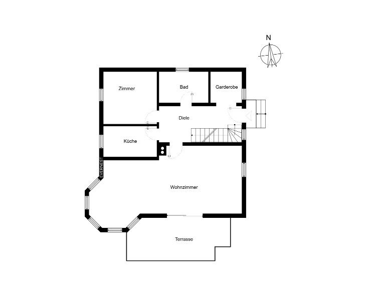 Grundriss mit Zimmer, Bad, Garderobe, Küche, Diele, Wohnzimmer und Terrasse.