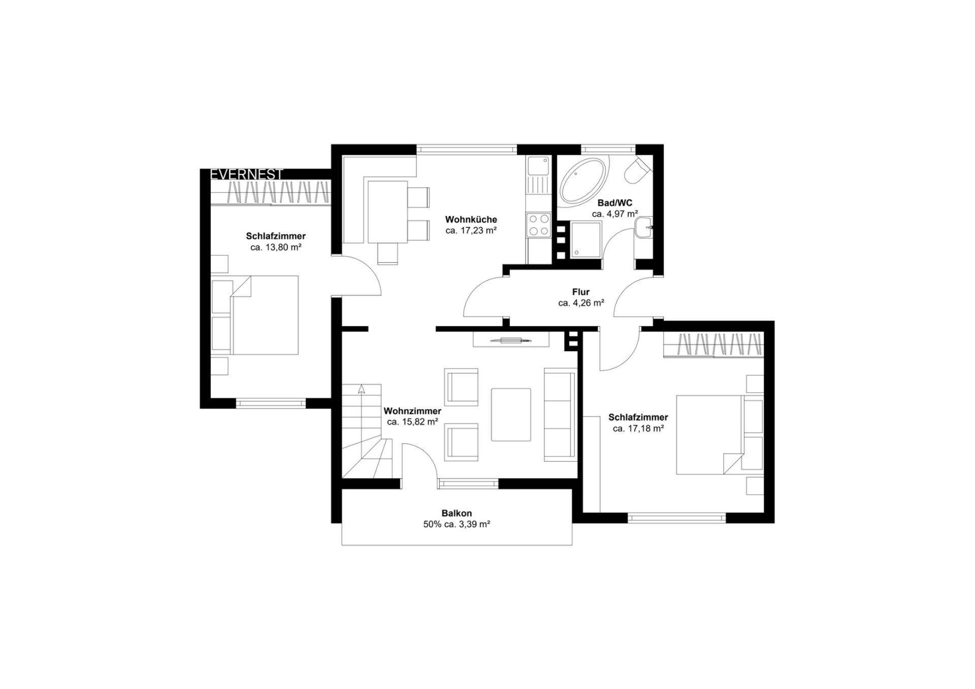 Grundriss einer Wohnung mit zwei Schlafzimmern, Wohnzimmer, Wohnküche, Bad und Balkon.