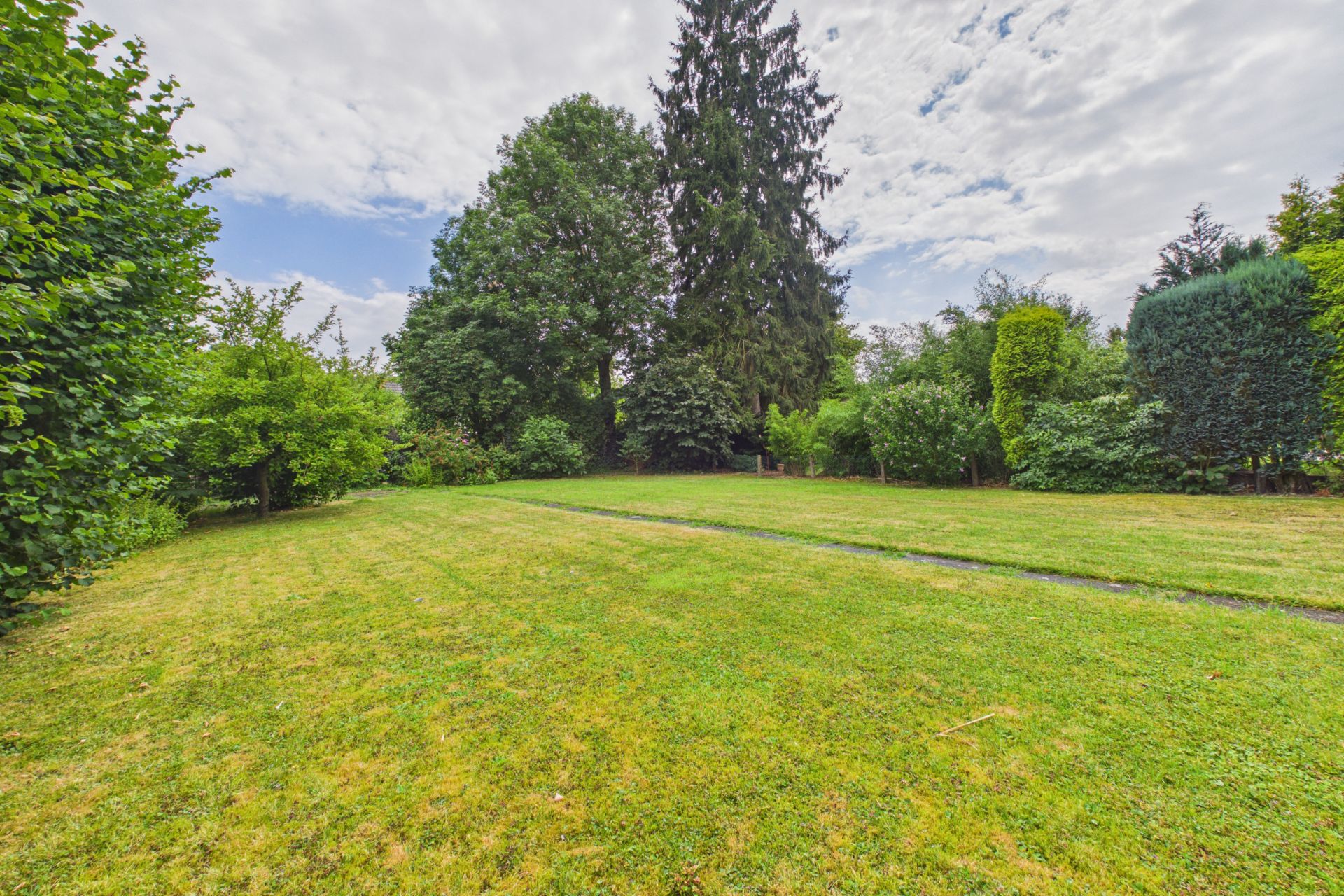 Großer, gepflegter Garten mit Rasenfläche und vielen Bäumen im Hintergrund.