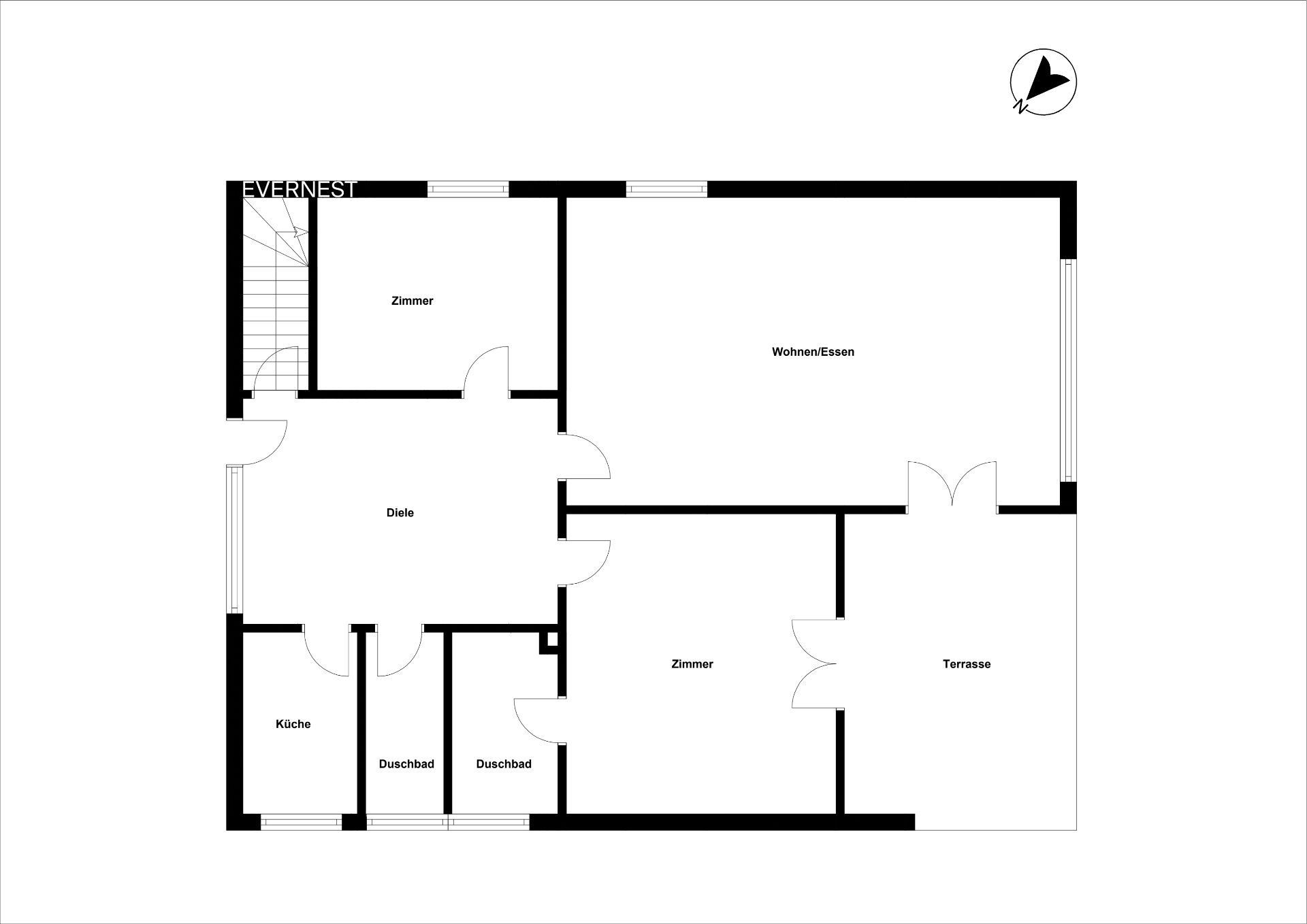 Grundriss einer Wohnung mit zwei Zimmern, Küche, zwei Duschbädern und Terrasse.