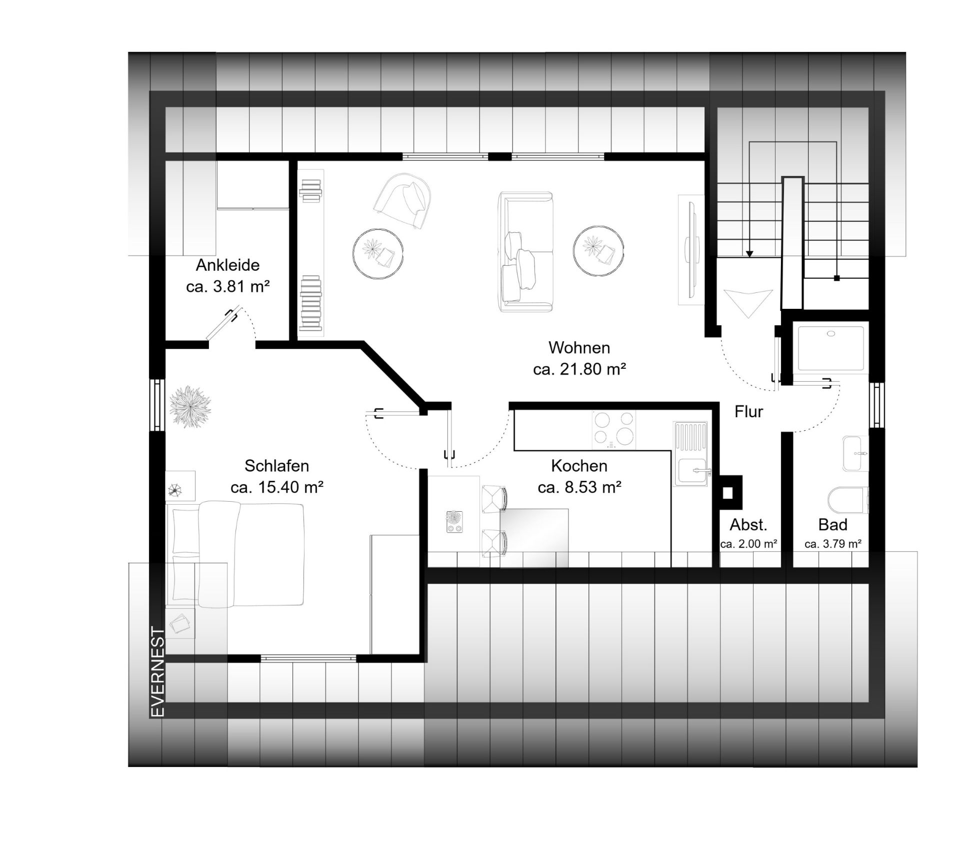 Grundriss einer Wohnung mit Schlaf-, Wohn-, Koch- und Badezimmer sowie Ankleide und Abstellraum.
