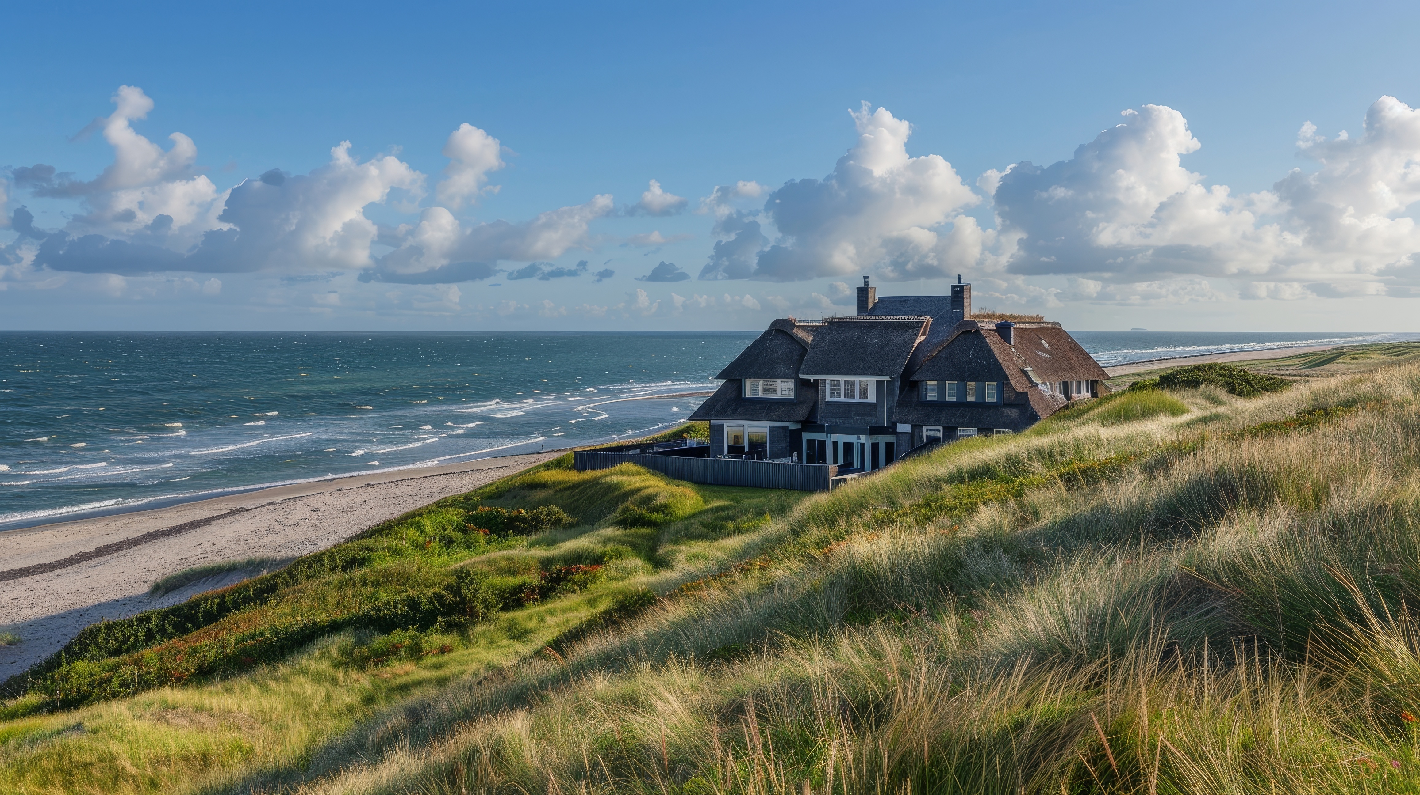 Großes Haus mit Reetdach steht auf einer grasbewachsenen Düne am Meer.