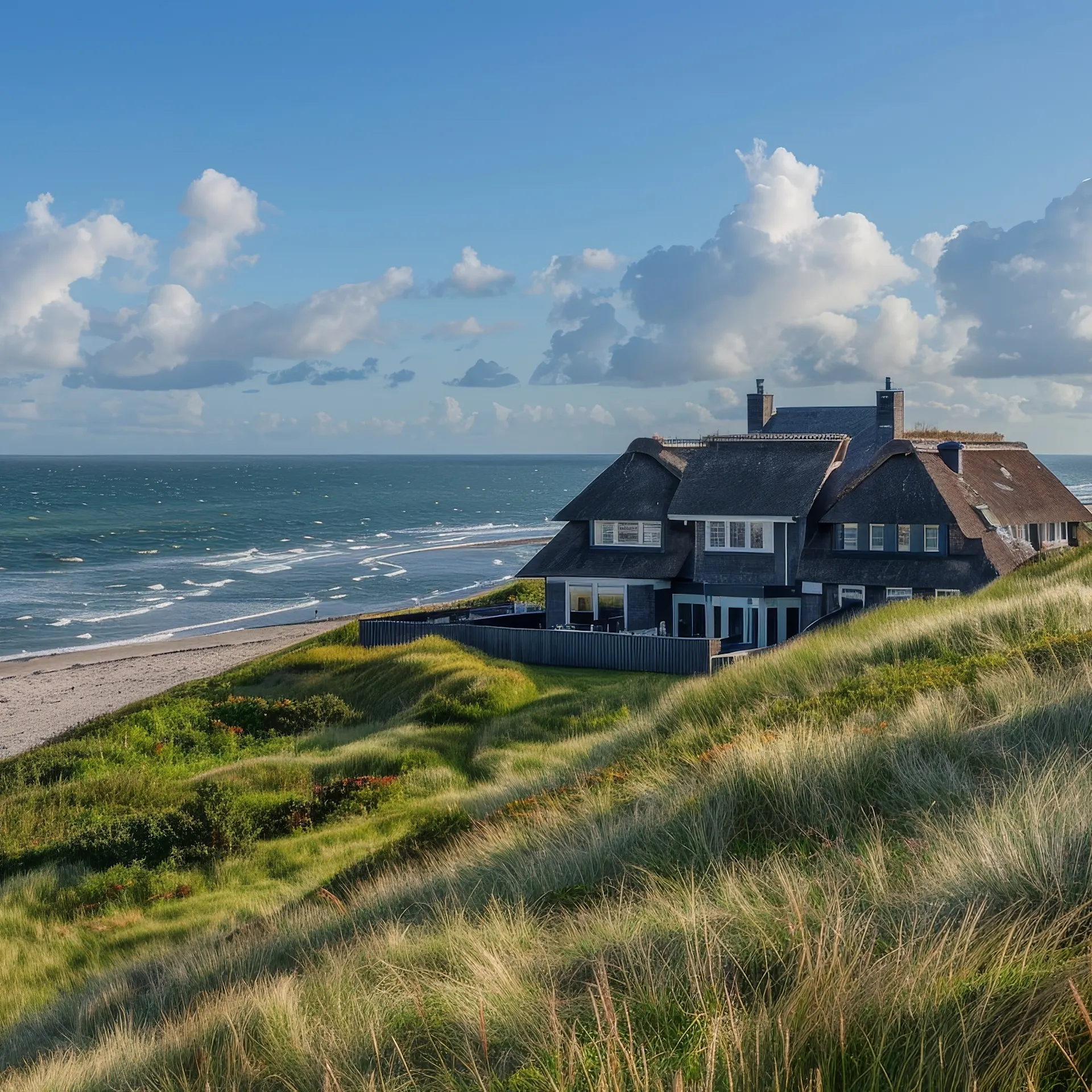 Großes Haus mit Reetdach steht auf einer grasbewachsenen Düne am Meer.