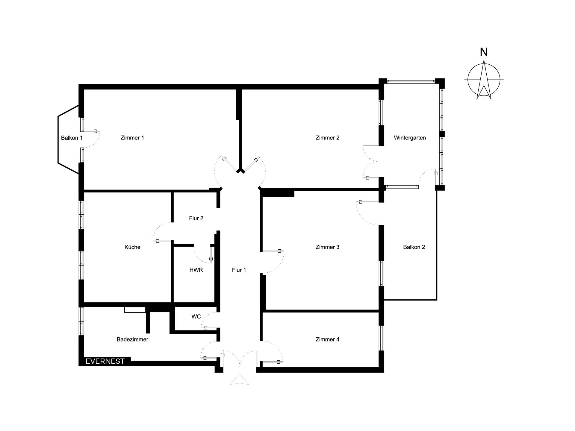 Grundriss einer Wohnung mit vier Zimmern, Küche, Bad, zwei Balkonen und Wintergarten.