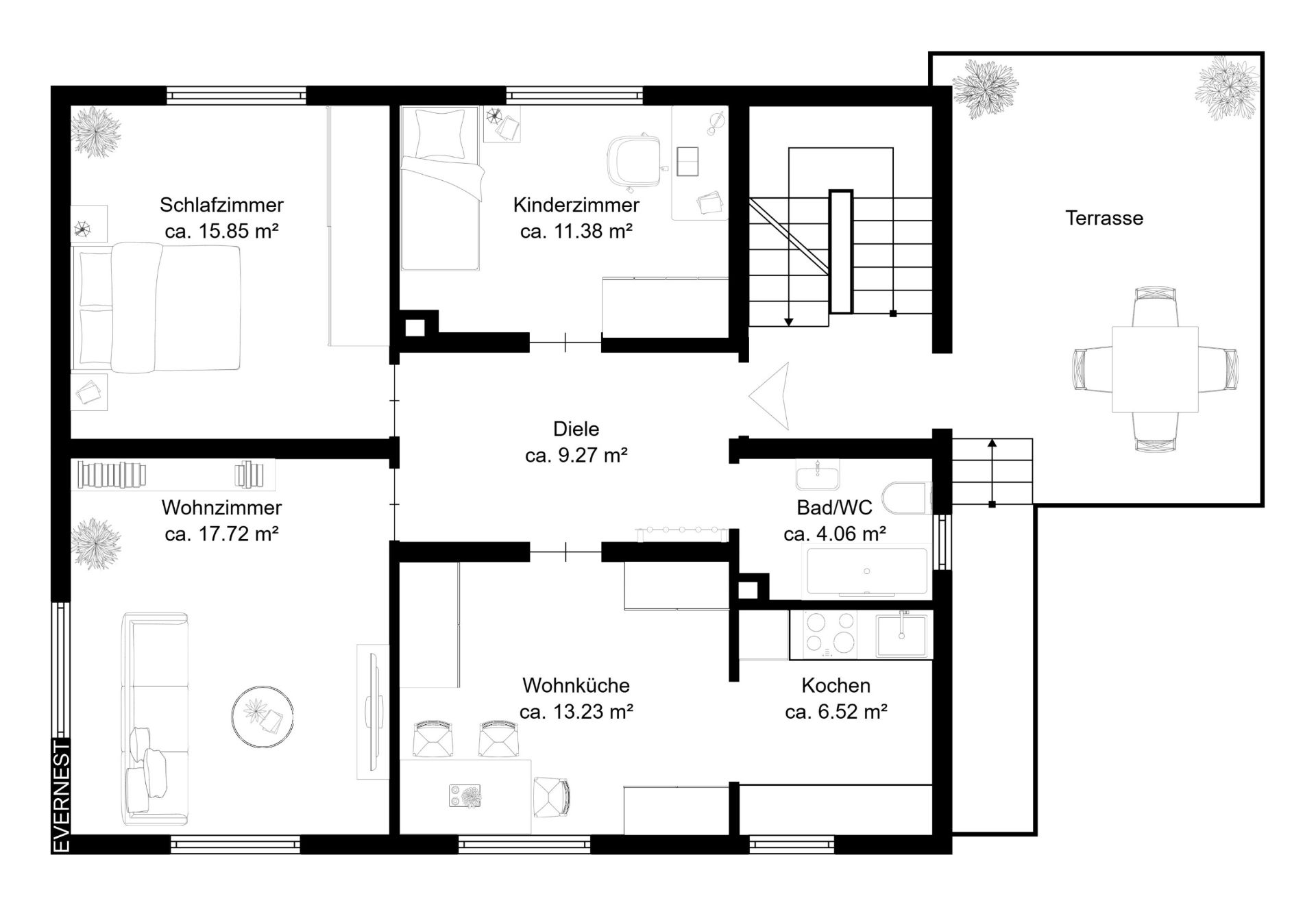 Grundriss einer Wohnung mit Schlafzimmer, Wohnzimmer, Kinderzimmer, Küche, Bad und Terrasse.